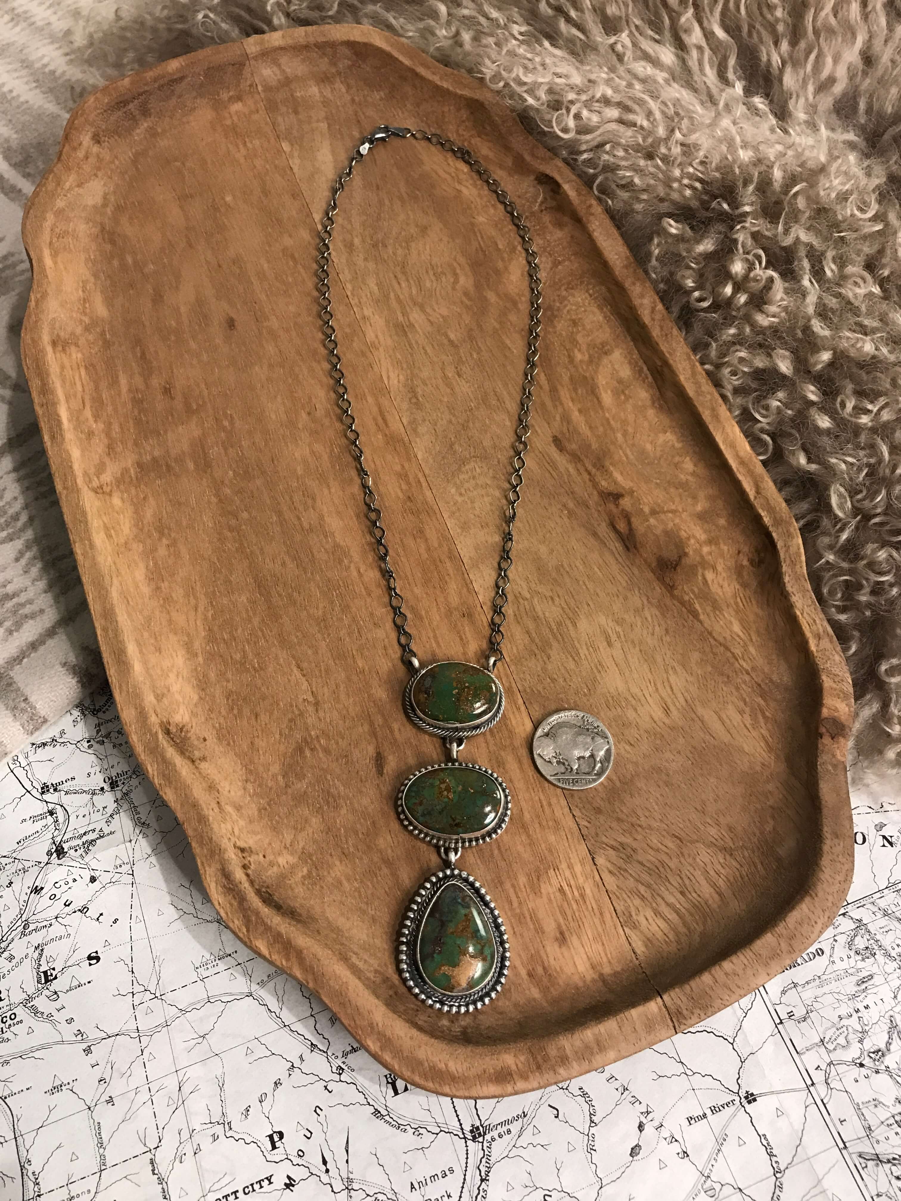 The San Saba Lariat Necklace, 3-Necklaces-Calli Co., Turquoise and Silver Jewelry, Native American Handmade, Zuni Tribe, Navajo Tribe, Brock Texas