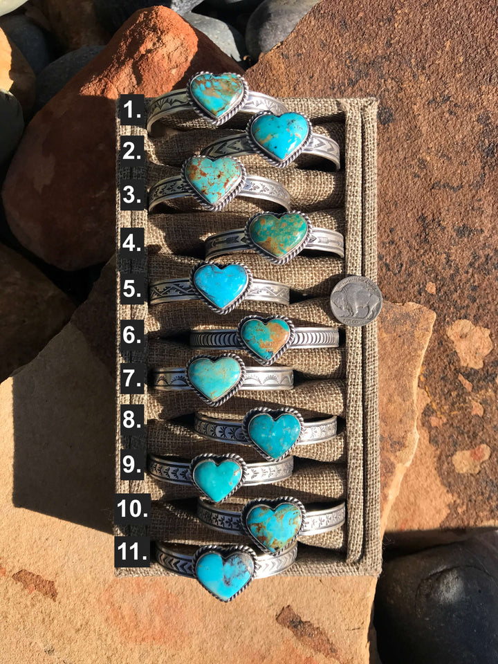 The Turquoise Heart Cuffs-Bracelets & Cuffs-Calli Co., Turquoise and Silver Jewelry, Native American Handmade, Zuni Tribe, Navajo Tribe, Brock Texas