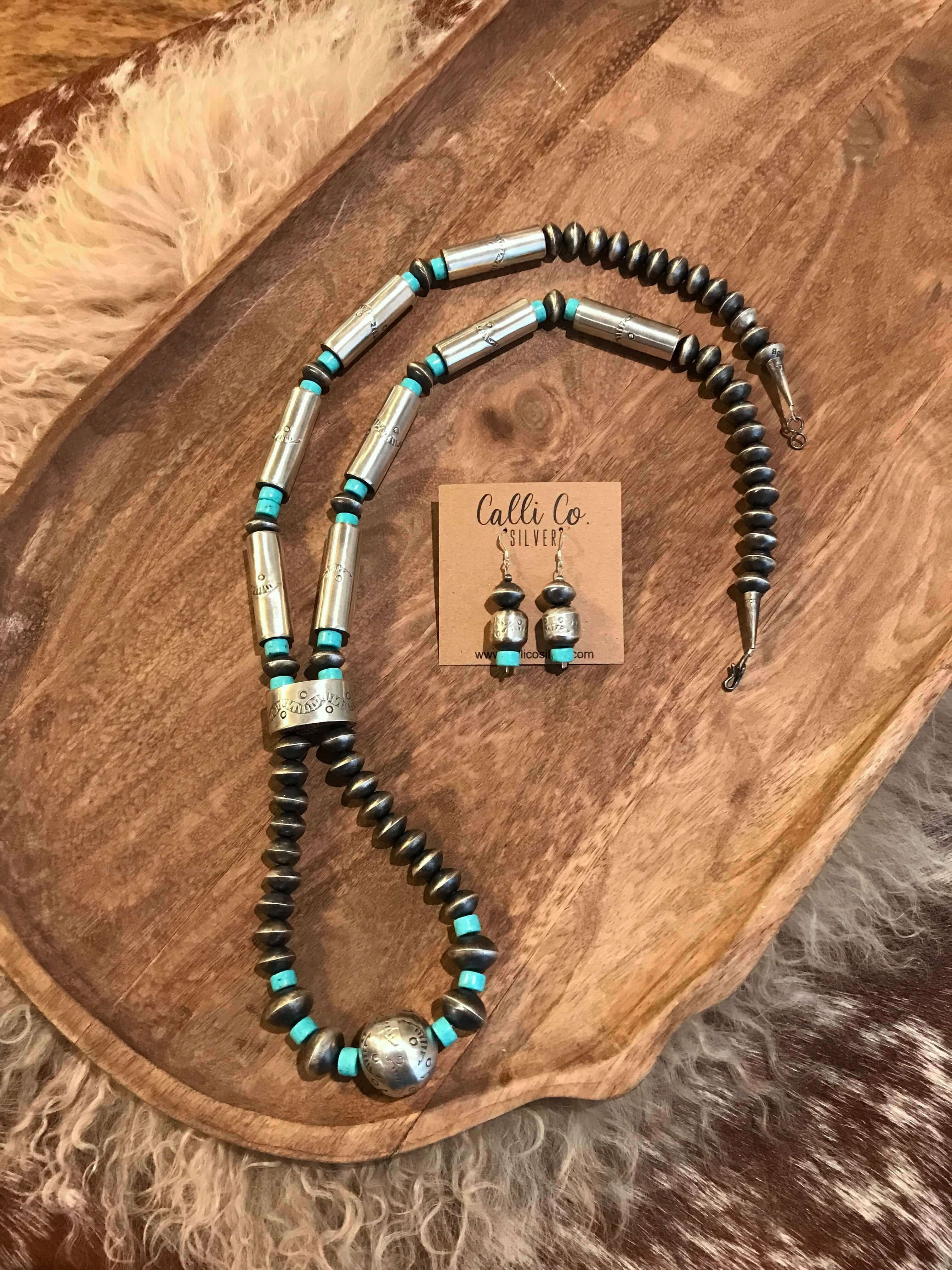 Necklace - N974: Small Turquoise flat rounds and selling tubes, Sterling Navajo Pearls, Sterling Chain and Clasp