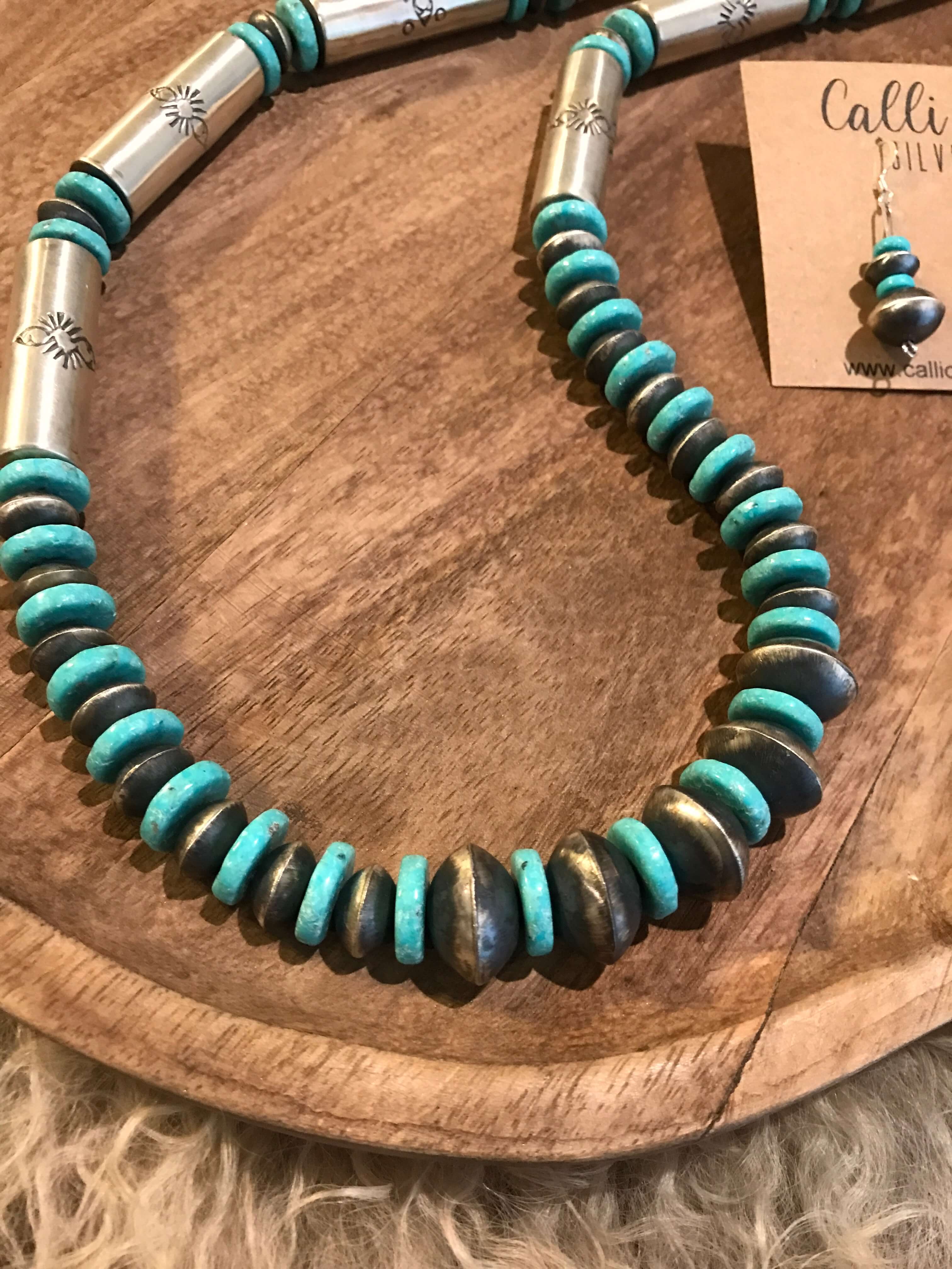 The Madrid Turquoise and Navajo Pearl Necklace Set-Necklaces-Calli Co., Turquoise and Silver Jewelry, Native American Handmade, Zuni Tribe, Navajo Tribe, Brock Texas