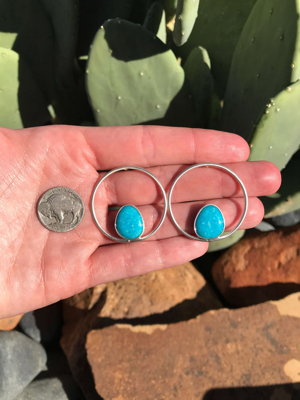 The Texon Turquoise Hoop Earrings, 2-Earrings-Calli Co., Turquoise and Silver Jewelry, Native American Handmade, Zuni Tribe, Navajo Tribe, Brock Texas