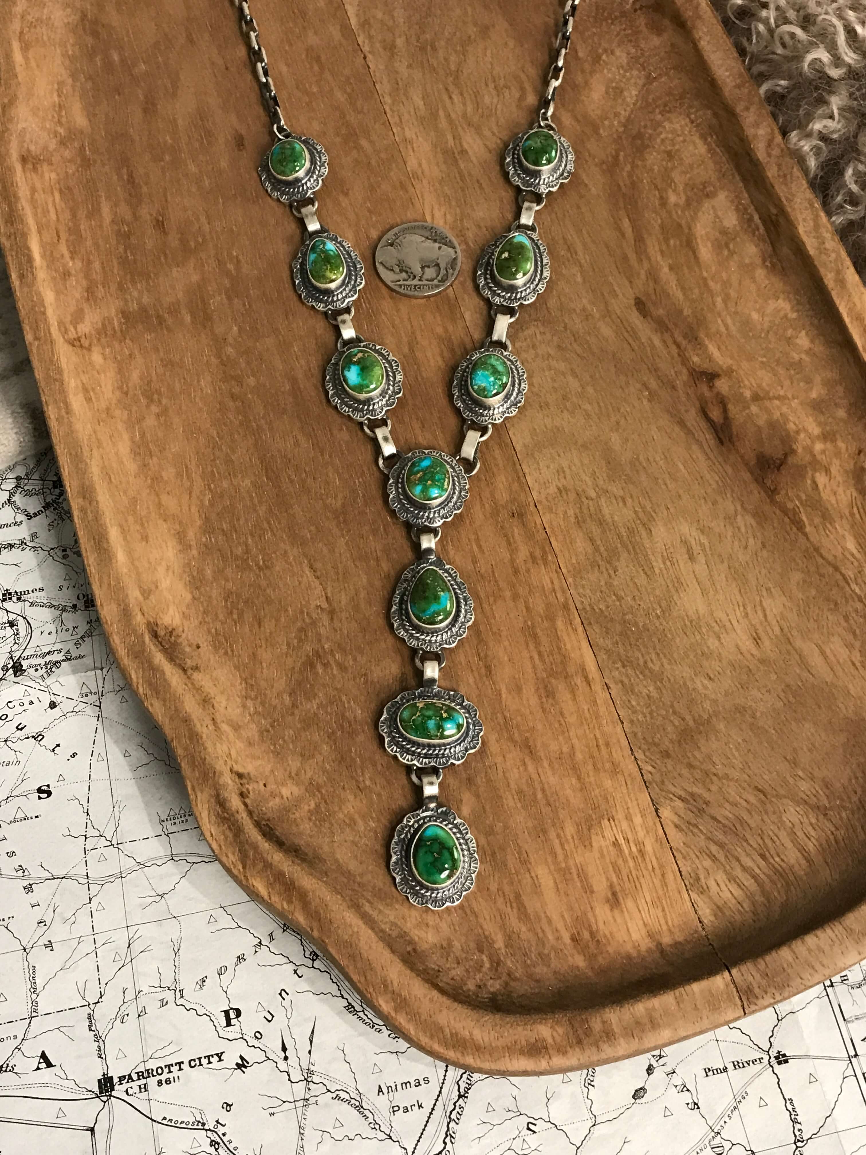 The Bonneville Turquoise Lariat Necklace Set-Necklaces-Calli Co., Turquoise and Silver Jewelry, Native American Handmade, Zuni Tribe, Navajo Tribe, Brock Texas