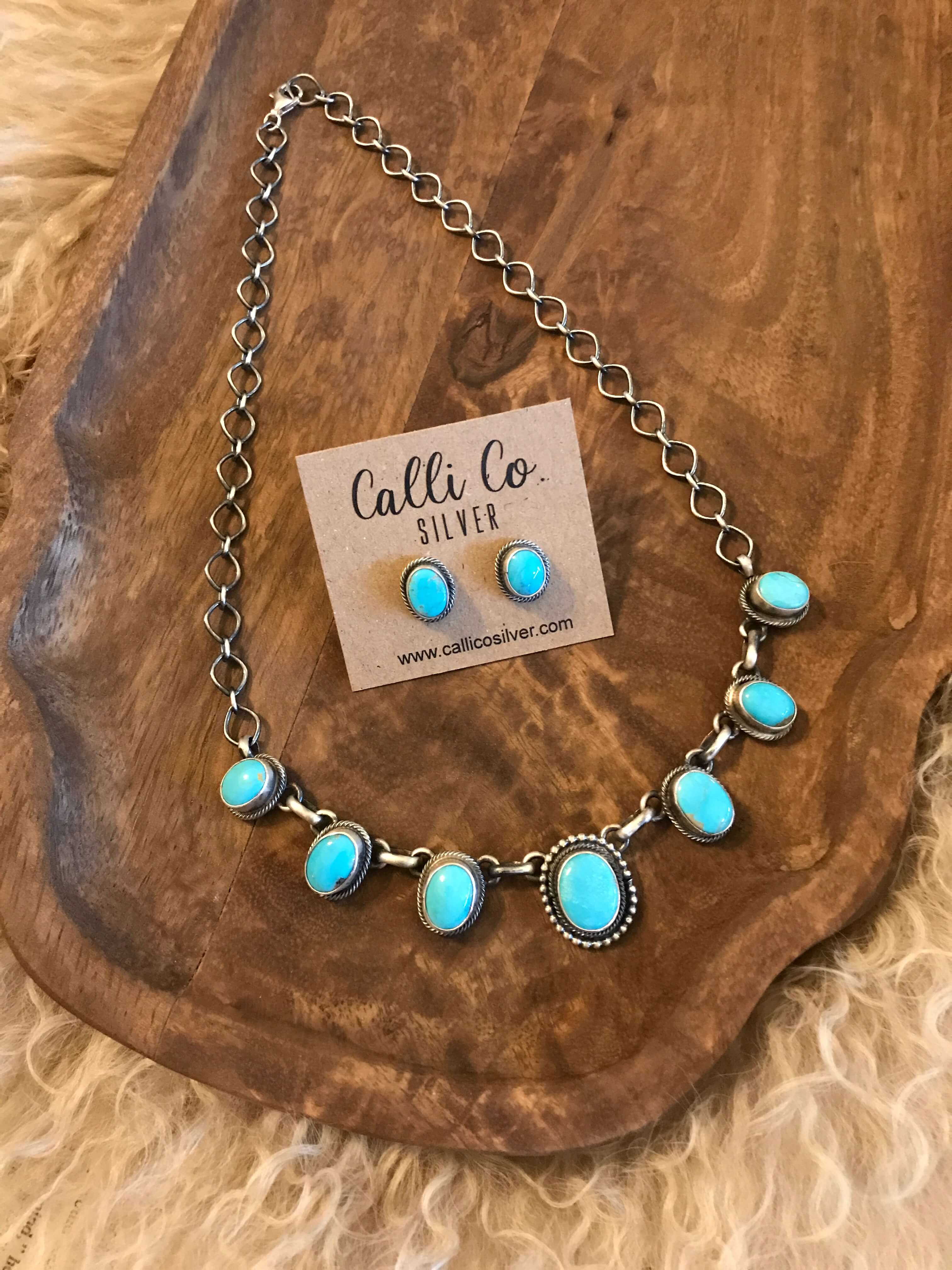 The Trentaz Turquoise Necklace Set, 1-Necklaces-Calli Co., Turquoise and Silver Jewelry, Native American Handmade, Zuni Tribe, Navajo Tribe, Brock Texas