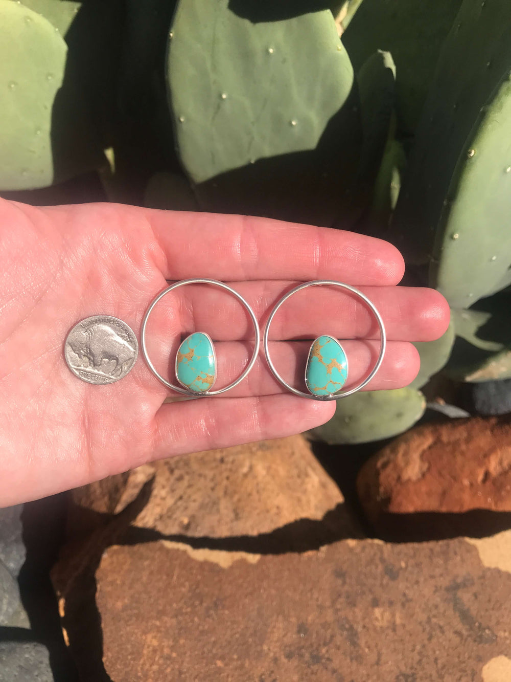 The Texon Turquoise Hoop Earrings, 6-Earrings-Calli Co., Turquoise and Silver Jewelry, Native American Handmade, Zuni Tribe, Navajo Tribe, Brock Texas