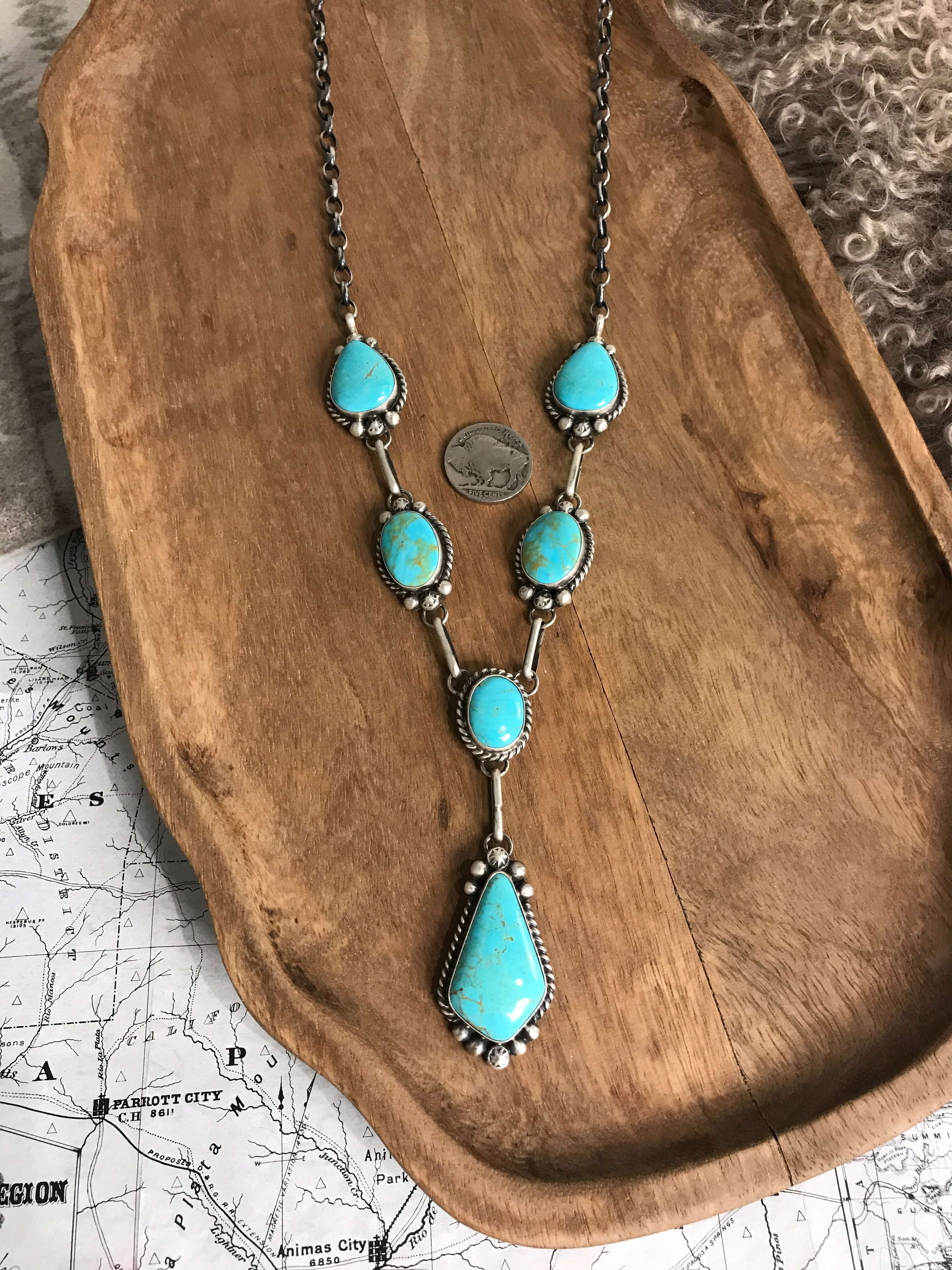 The Lakota Turquoise Lariat Necklace Set-Necklaces-Calli Co., Turquoise and Silver Jewelry, Native American Handmade, Zuni Tribe, Navajo Tribe, Brock Texas