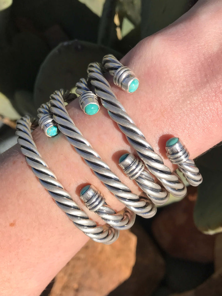 The Grande Turquoise Cable Cuffs-Bracelets & Cuffs-Calli Co., Turquoise and Silver Jewelry, Native American Handmade, Zuni Tribe, Navajo Tribe, Brock Texas