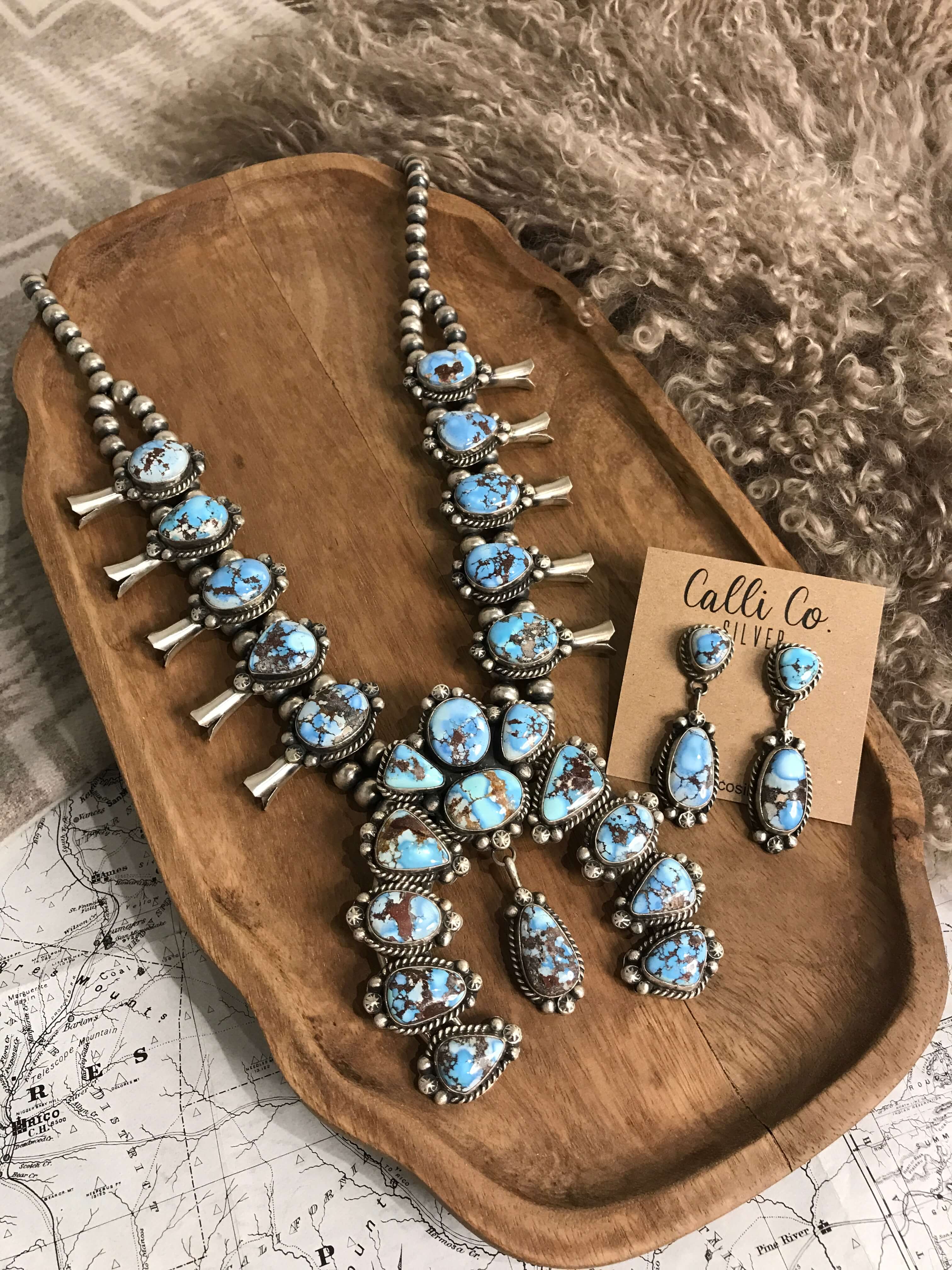 The Sunridge Squash Blossom Necklace Set-Necklaces-Calli Co., Turquoise and Silver Jewelry, Native American Handmade, Zuni Tribe, Navajo Tribe, Brock Texas