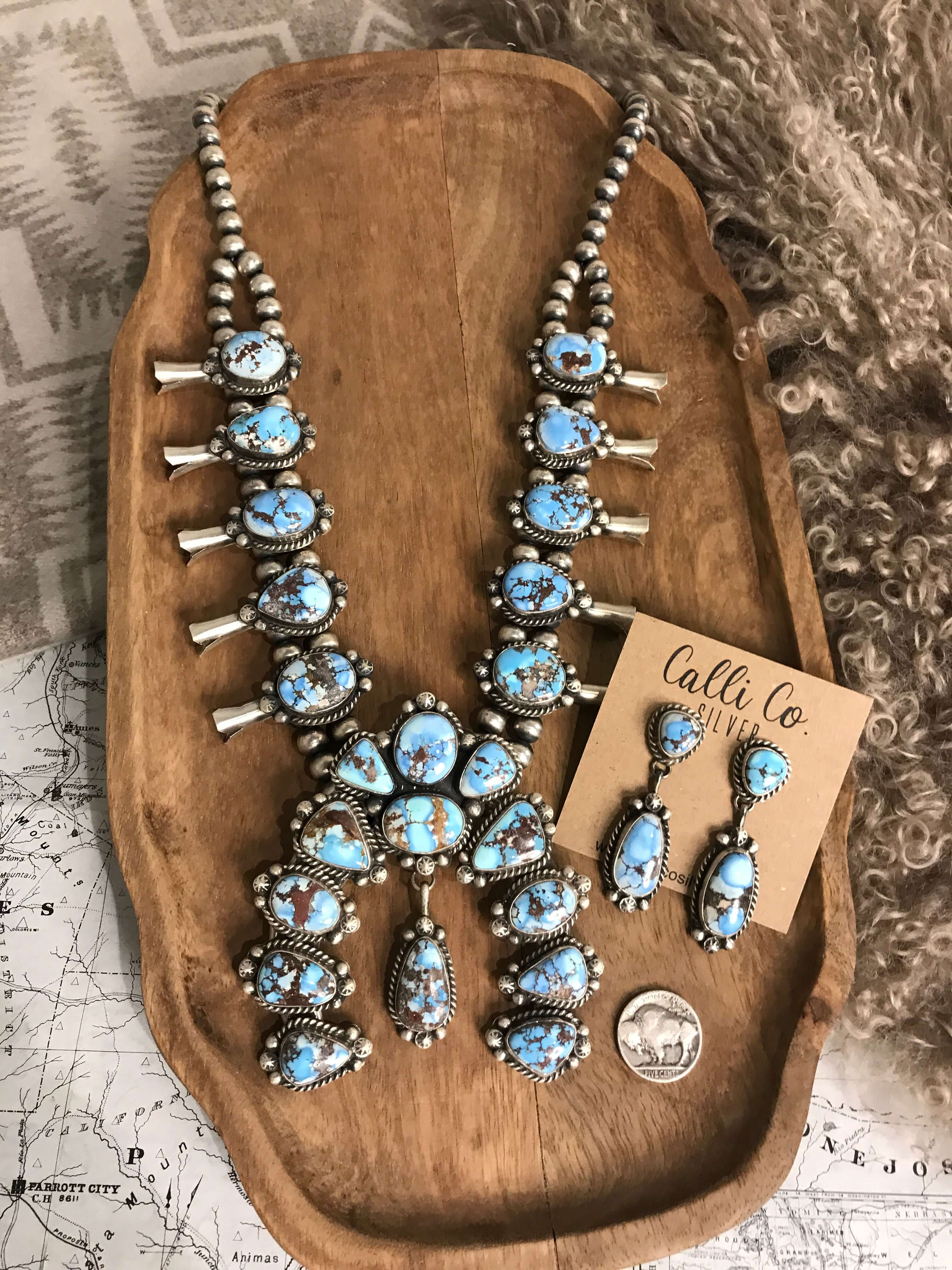 The Sunridge Squash Blossom Necklace Set-Necklaces-Calli Co., Turquoise and Silver Jewelry, Native American Handmade, Zuni Tribe, Navajo Tribe, Brock Texas