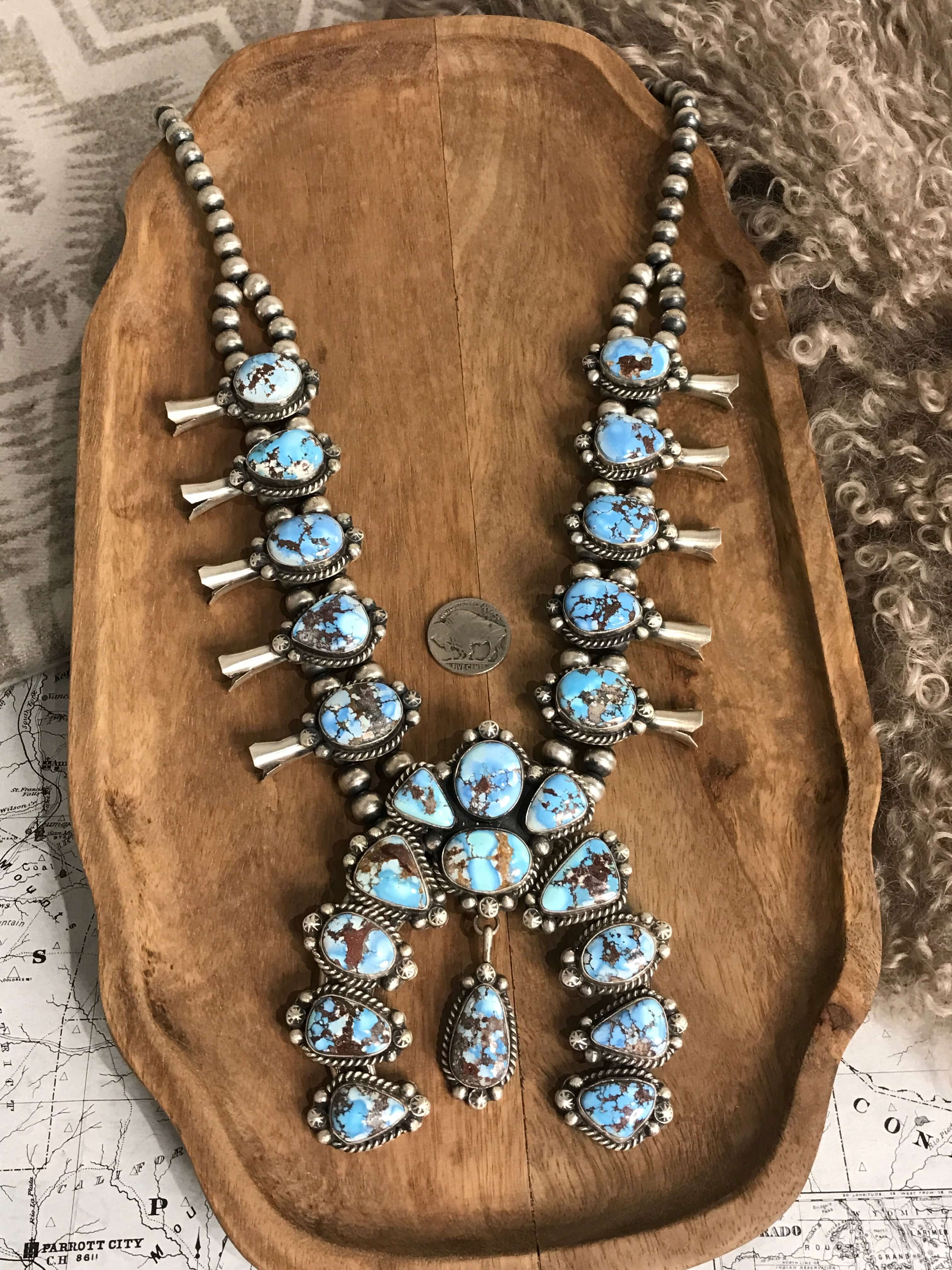The Sunridge Squash Blossom Necklace Set-Necklaces-Calli Co., Turquoise and Silver Jewelry, Native American Handmade, Zuni Tribe, Navajo Tribe, Brock Texas