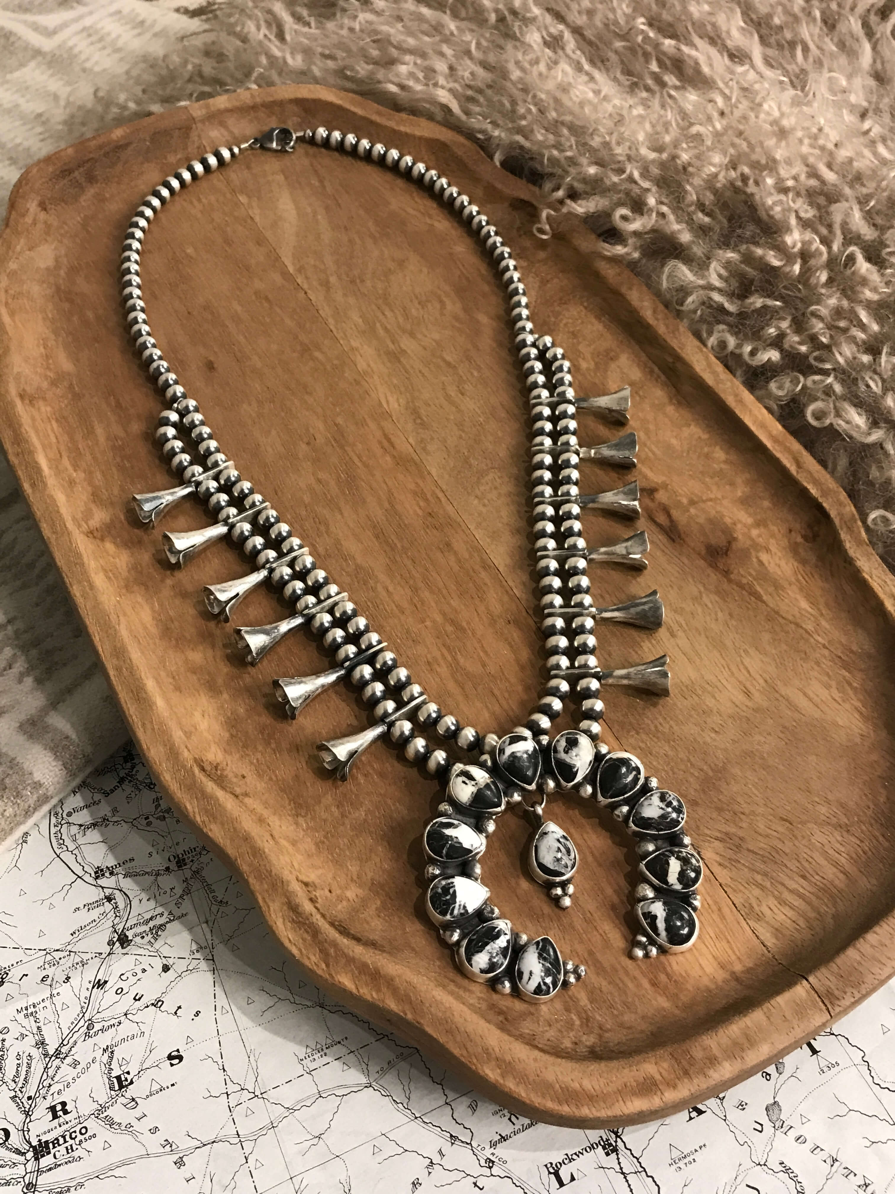 The Monarch Squash Blossom Necklace-Necklaces-Calli Co., Turquoise and Silver Jewelry, Native American Handmade, Zuni Tribe, Navajo Tribe, Brock Texas