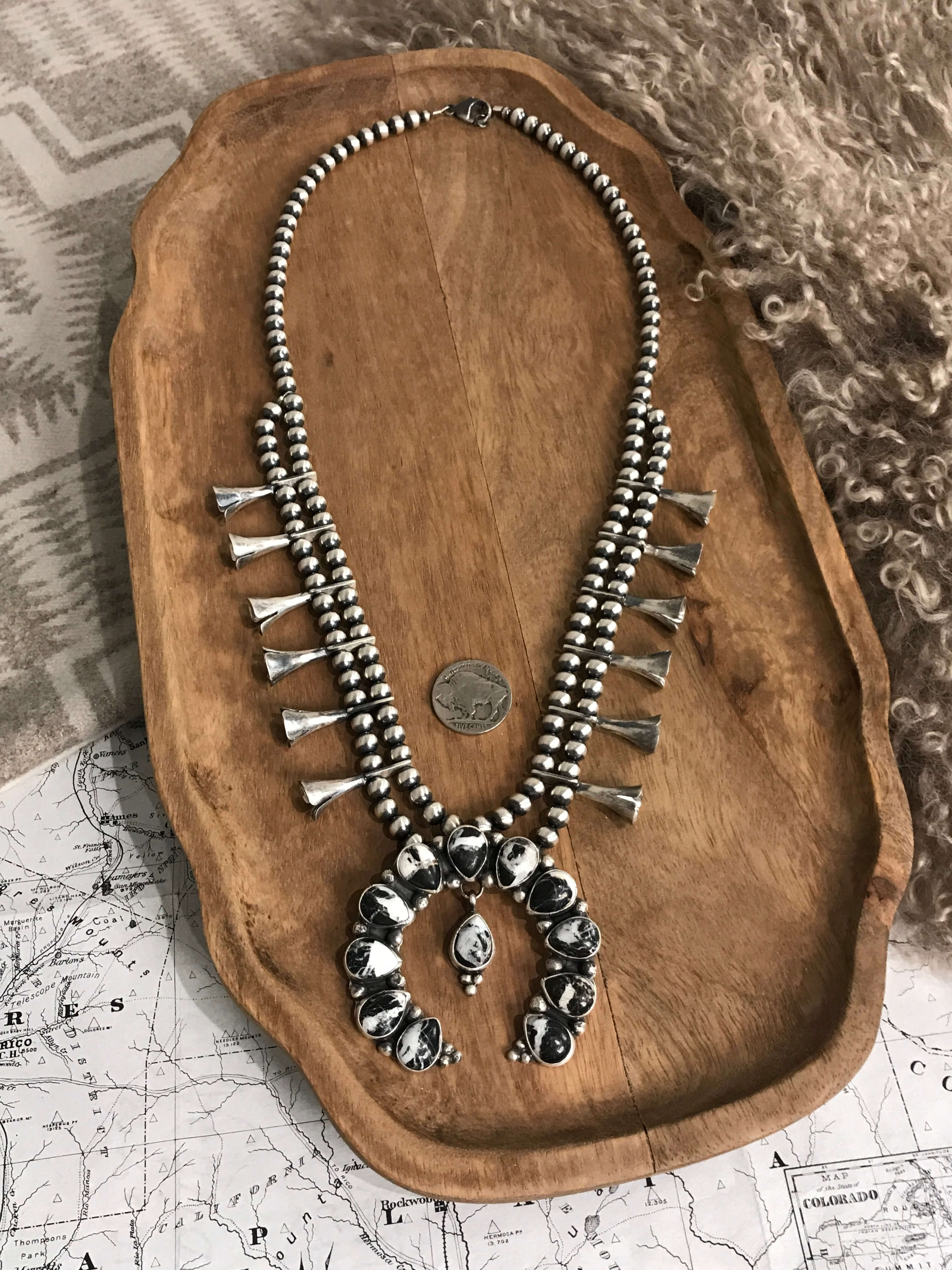 The Monarch Squash Blossom Necklace-Necklaces-Calli Co., Turquoise and Silver Jewelry, Native American Handmade, Zuni Tribe, Navajo Tribe, Brock Texas