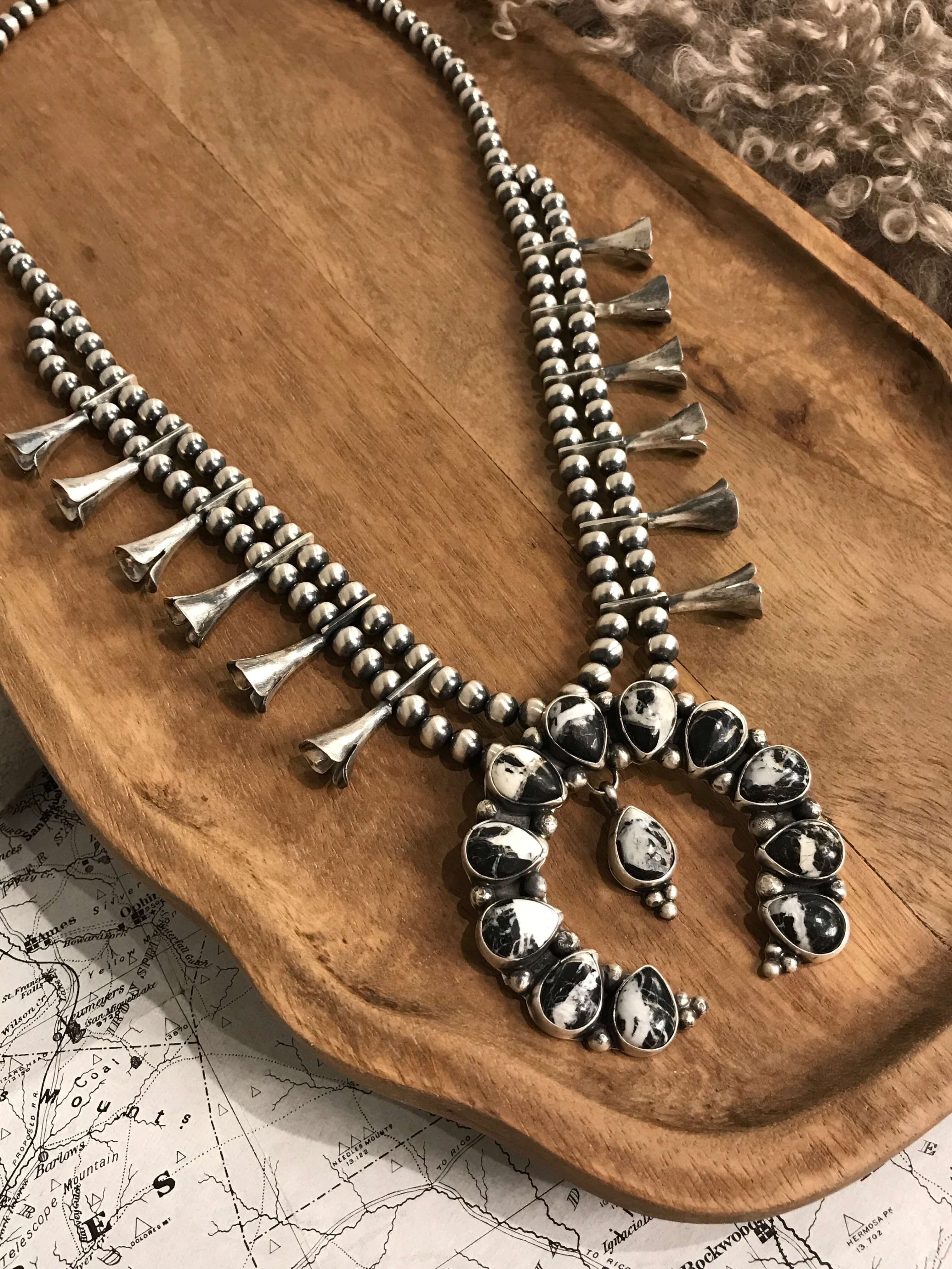 The Monarch Squash Blossom Necklace-Necklaces-Calli Co., Turquoise and Silver Jewelry, Native American Handmade, Zuni Tribe, Navajo Tribe, Brock Texas