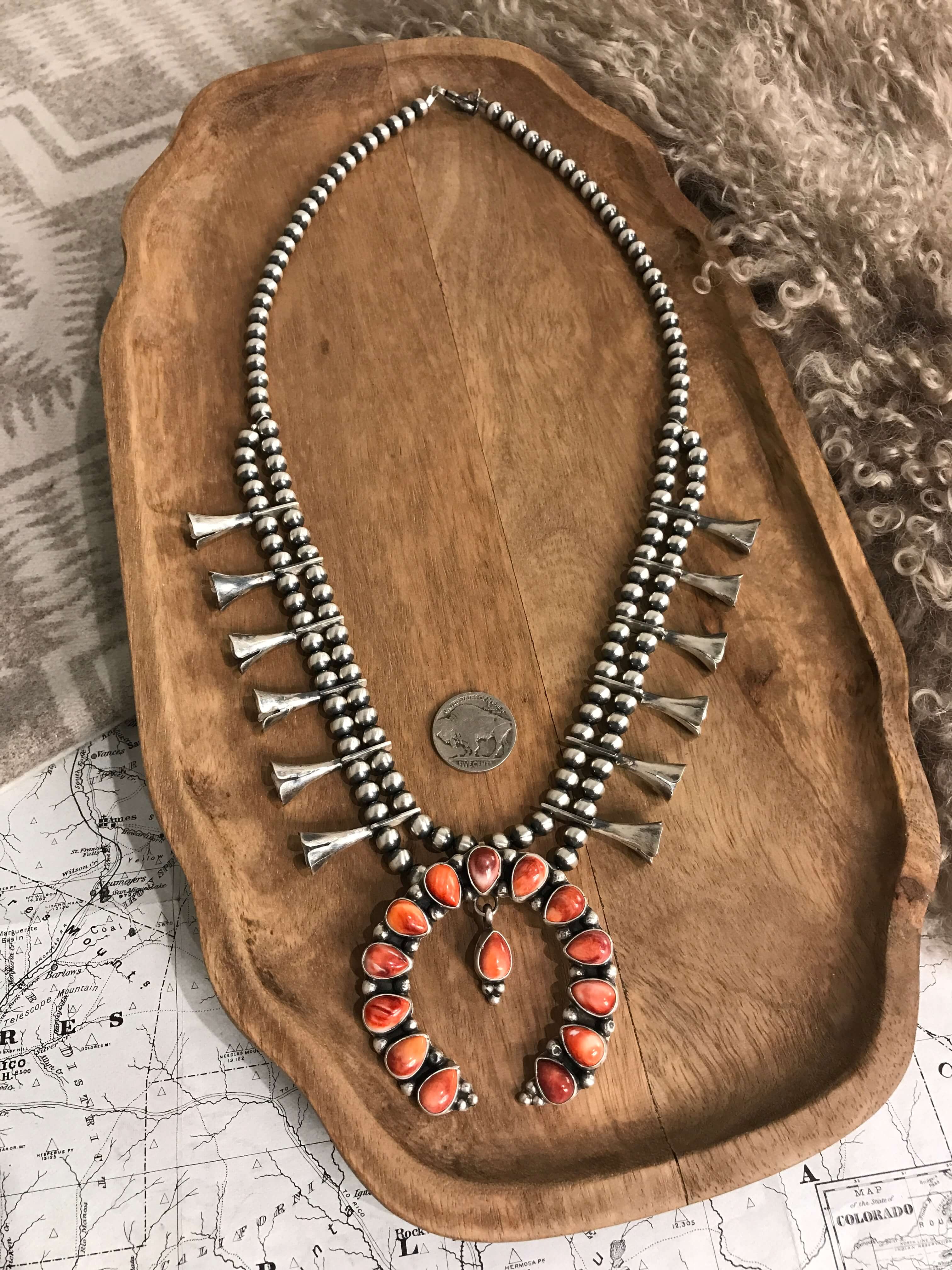 The Red Thorne Squash Blossom Necklace-Necklaces-Calli Co., Turquoise and Silver Jewelry, Native American Handmade, Zuni Tribe, Navajo Tribe, Brock Texas