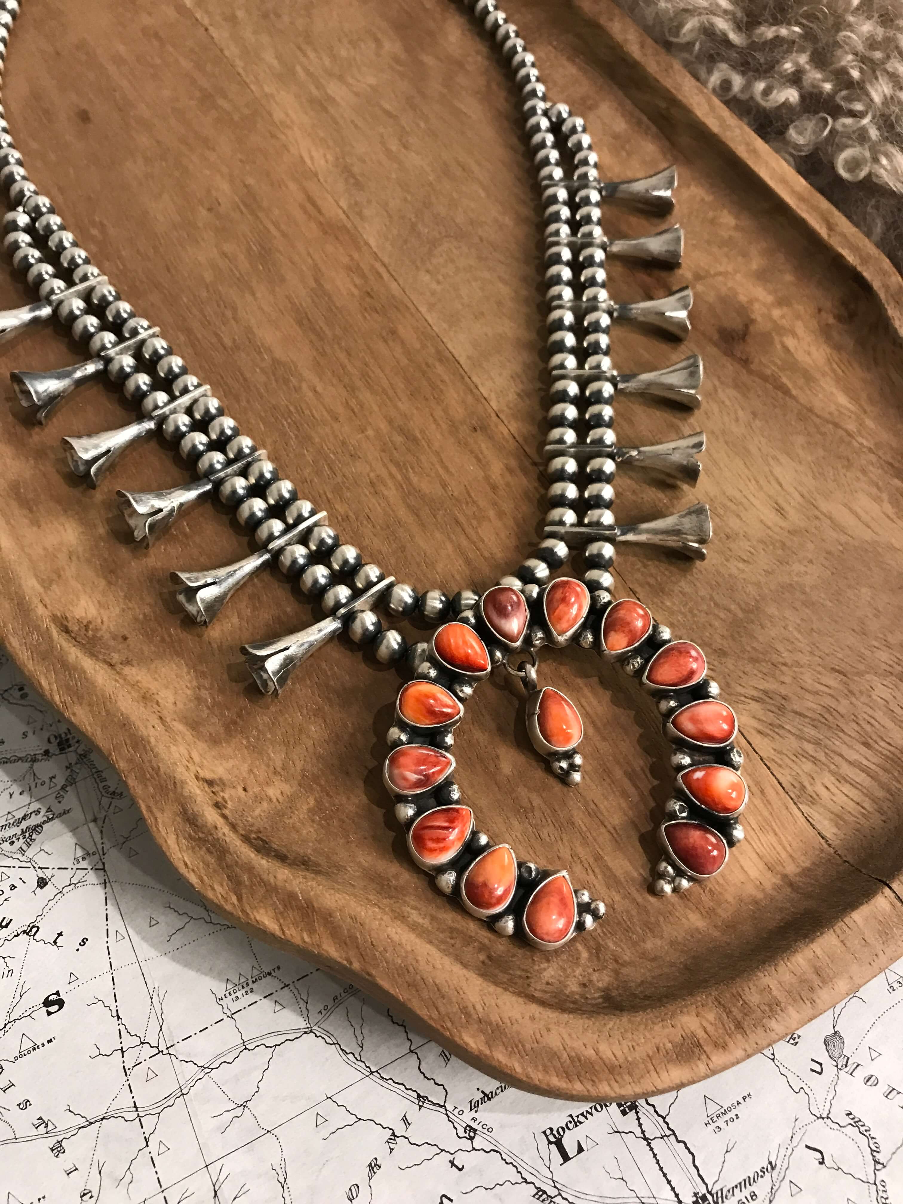 The Red Thorne Squash Blossom Necklace-Necklaces-Calli Co., Turquoise and Silver Jewelry, Native American Handmade, Zuni Tribe, Navajo Tribe, Brock Texas