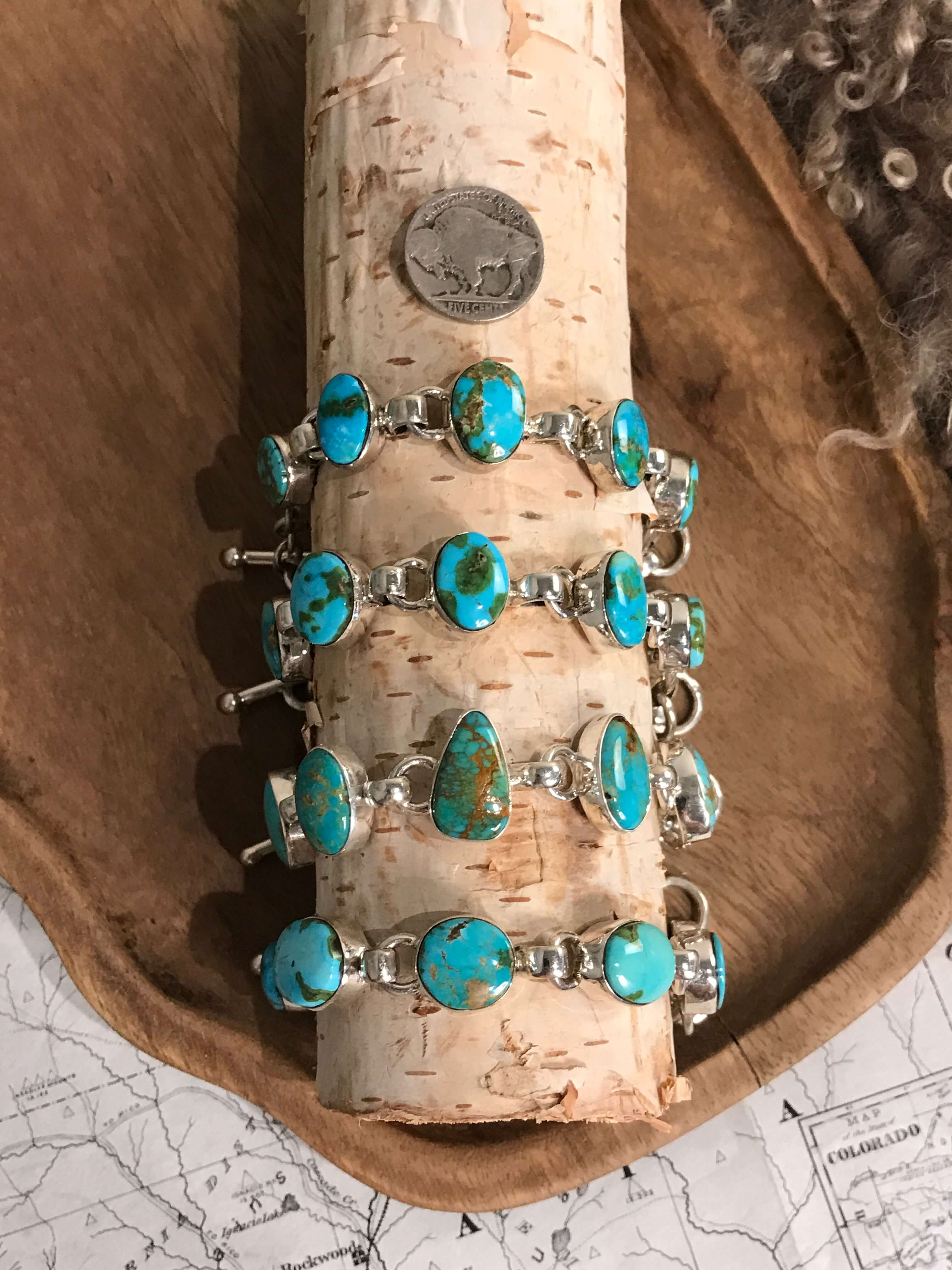 The Brookside 5 Stone Link Bracelets-Bracelets & Cuffs-Calli Co., Turquoise and Silver Jewelry, Native American Handmade, Zuni Tribe, Navajo Tribe, Brock Texas