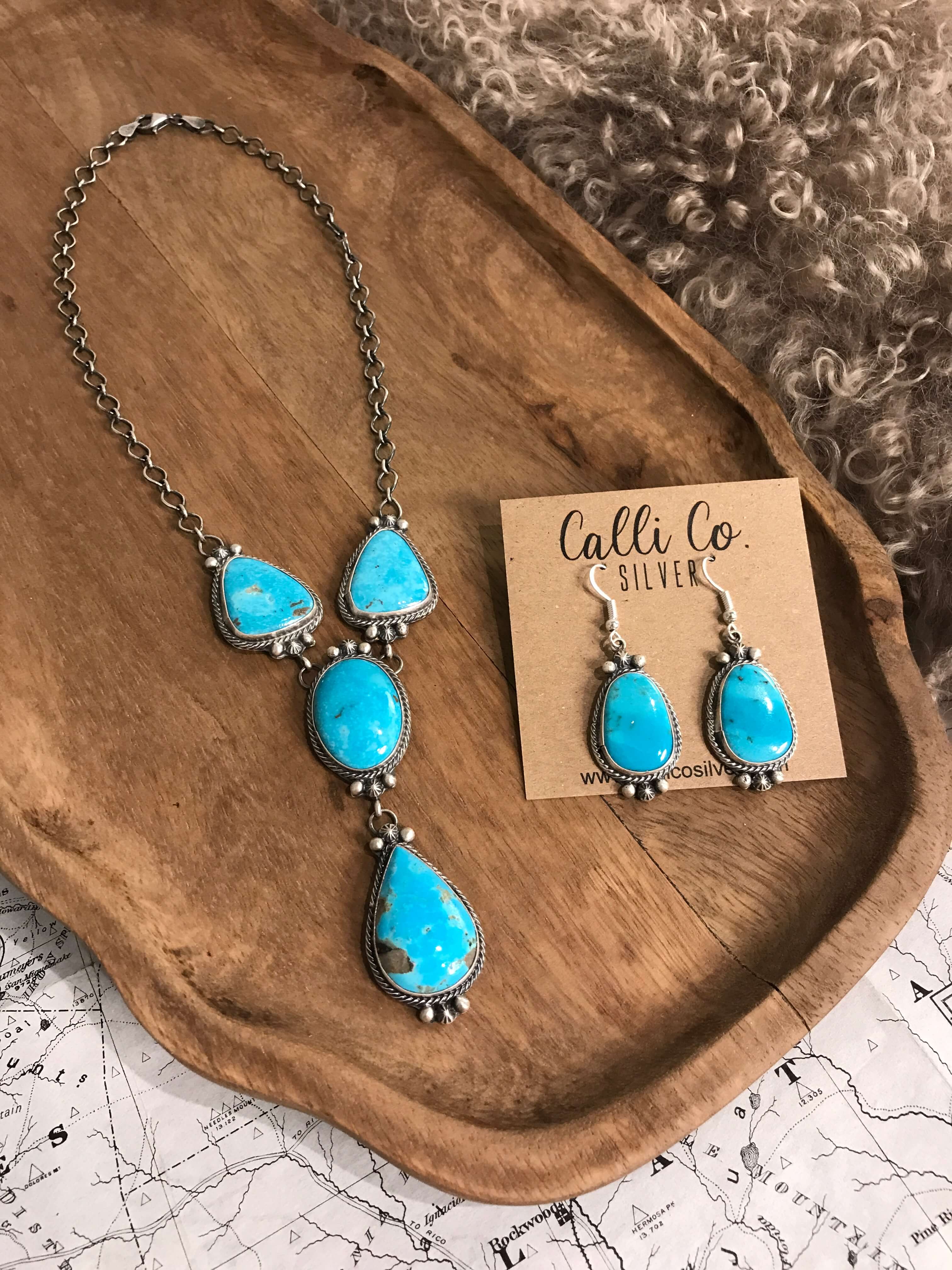 The Flagstaff Turquoise Lariat Necklace Set-Necklaces-Calli Co., Turquoise and Silver Jewelry, Native American Handmade, Zuni Tribe, Navajo Tribe, Brock Texas