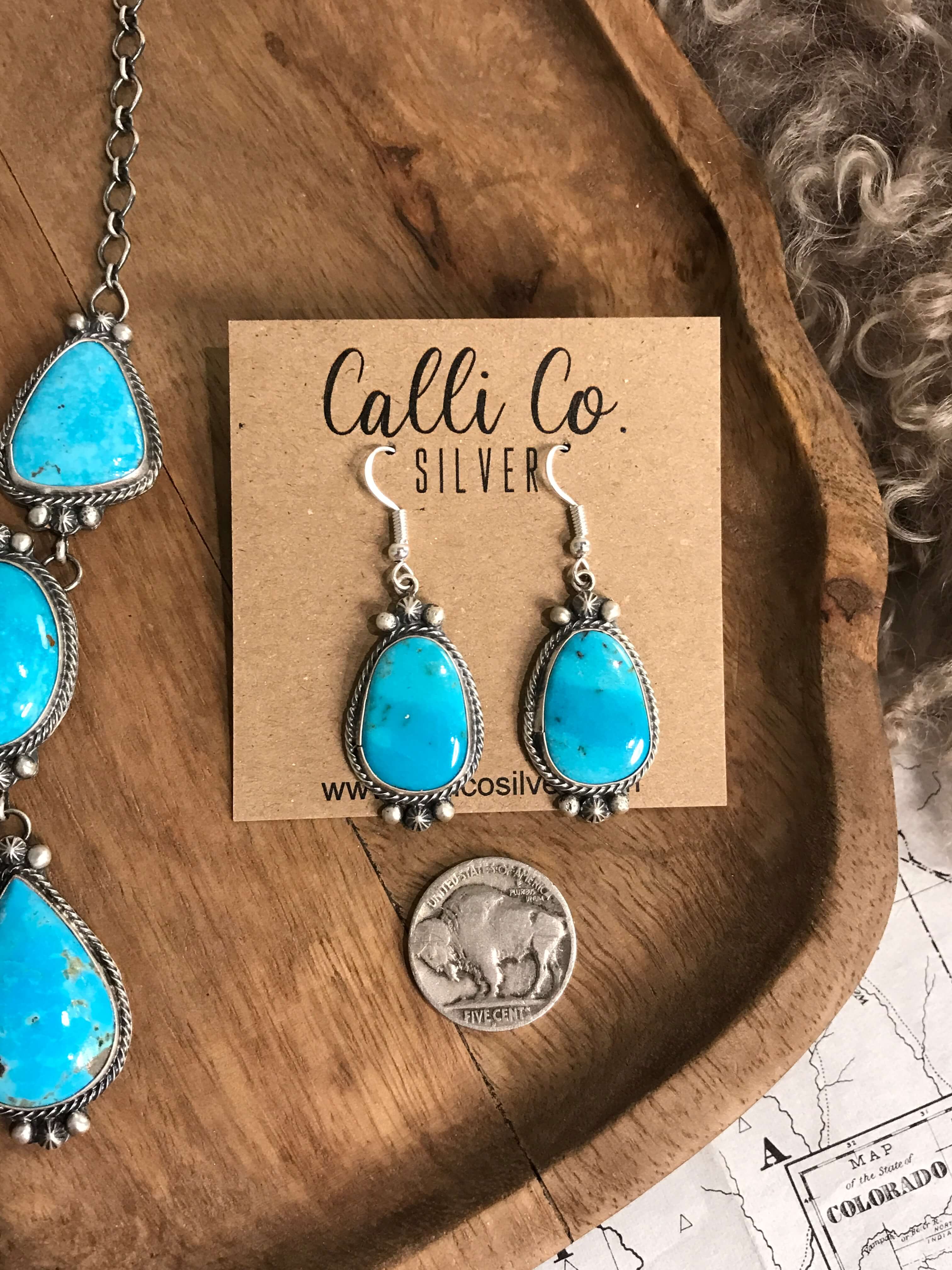 The Flagstaff Turquoise Lariat Necklace Set-Necklaces-Calli Co., Turquoise and Silver Jewelry, Native American Handmade, Zuni Tribe, Navajo Tribe, Brock Texas
