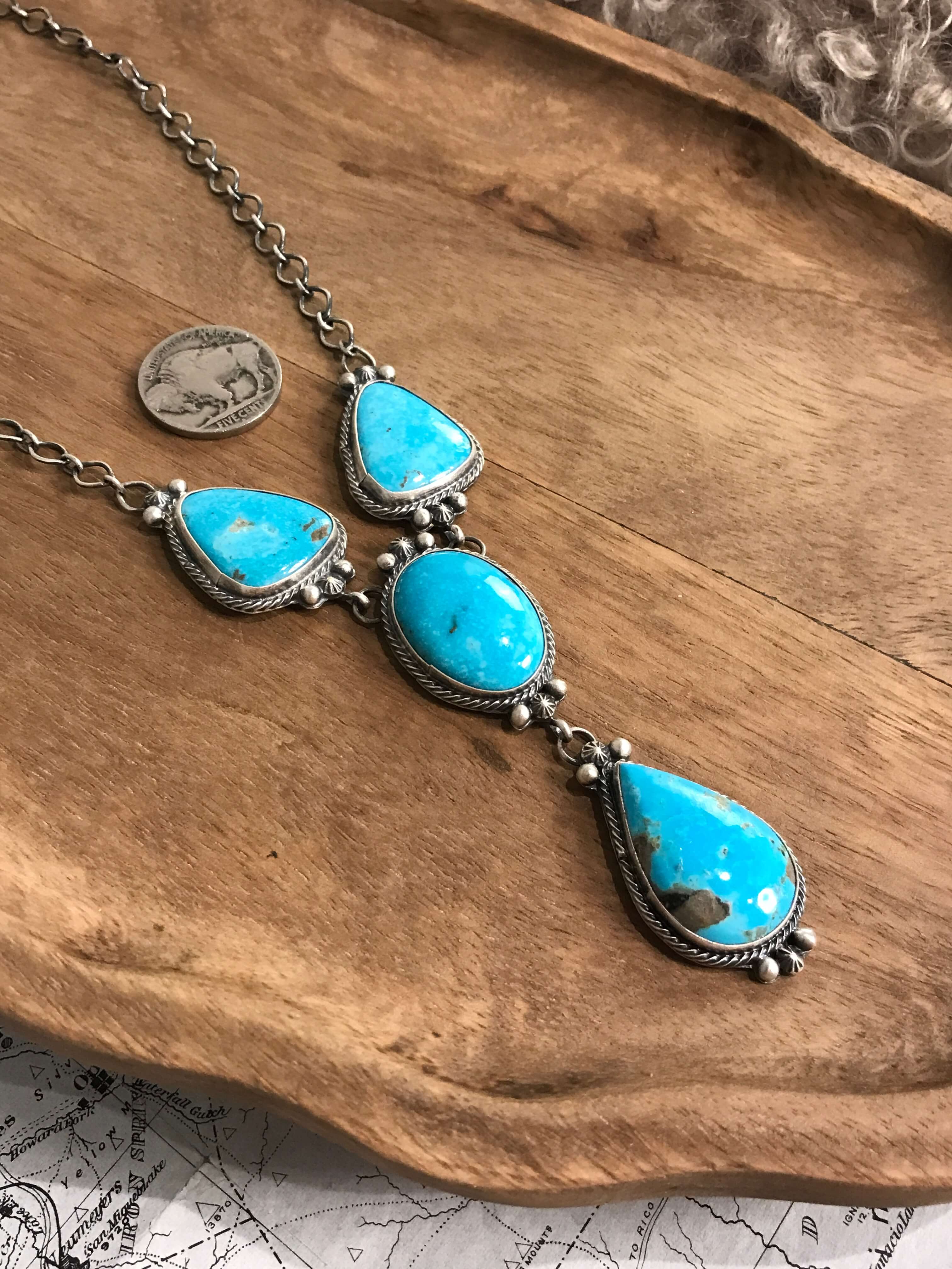 The Flagstaff Turquoise Lariat Necklace Set-Necklaces-Calli Co., Turquoise and Silver Jewelry, Native American Handmade, Zuni Tribe, Navajo Tribe, Brock Texas