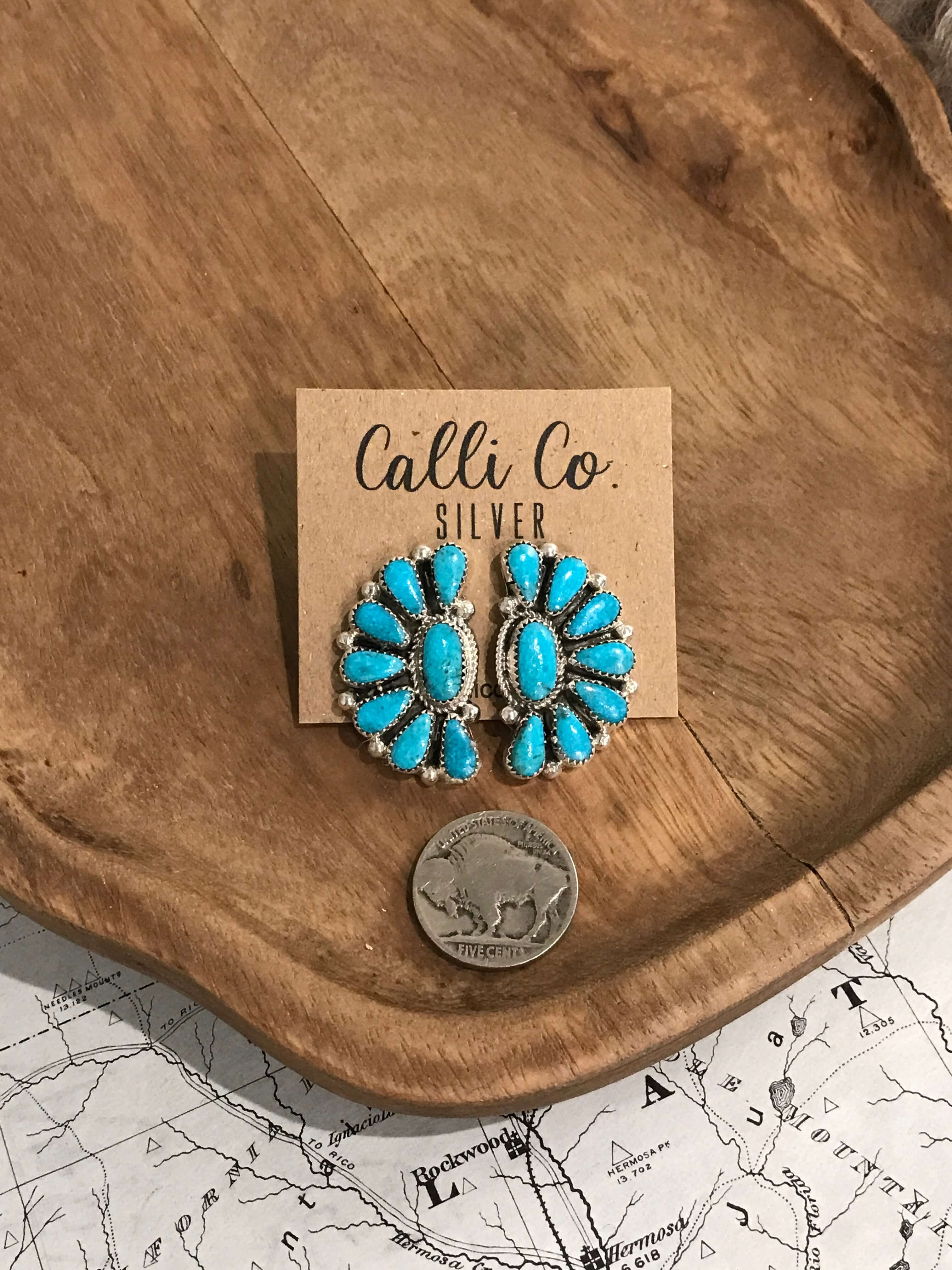 The Woodson Half Cluster Earrings, 8-Earrings-Calli Co., Turquoise and Silver Jewelry, Native American Handmade, Zuni Tribe, Navajo Tribe, Brock Texas
