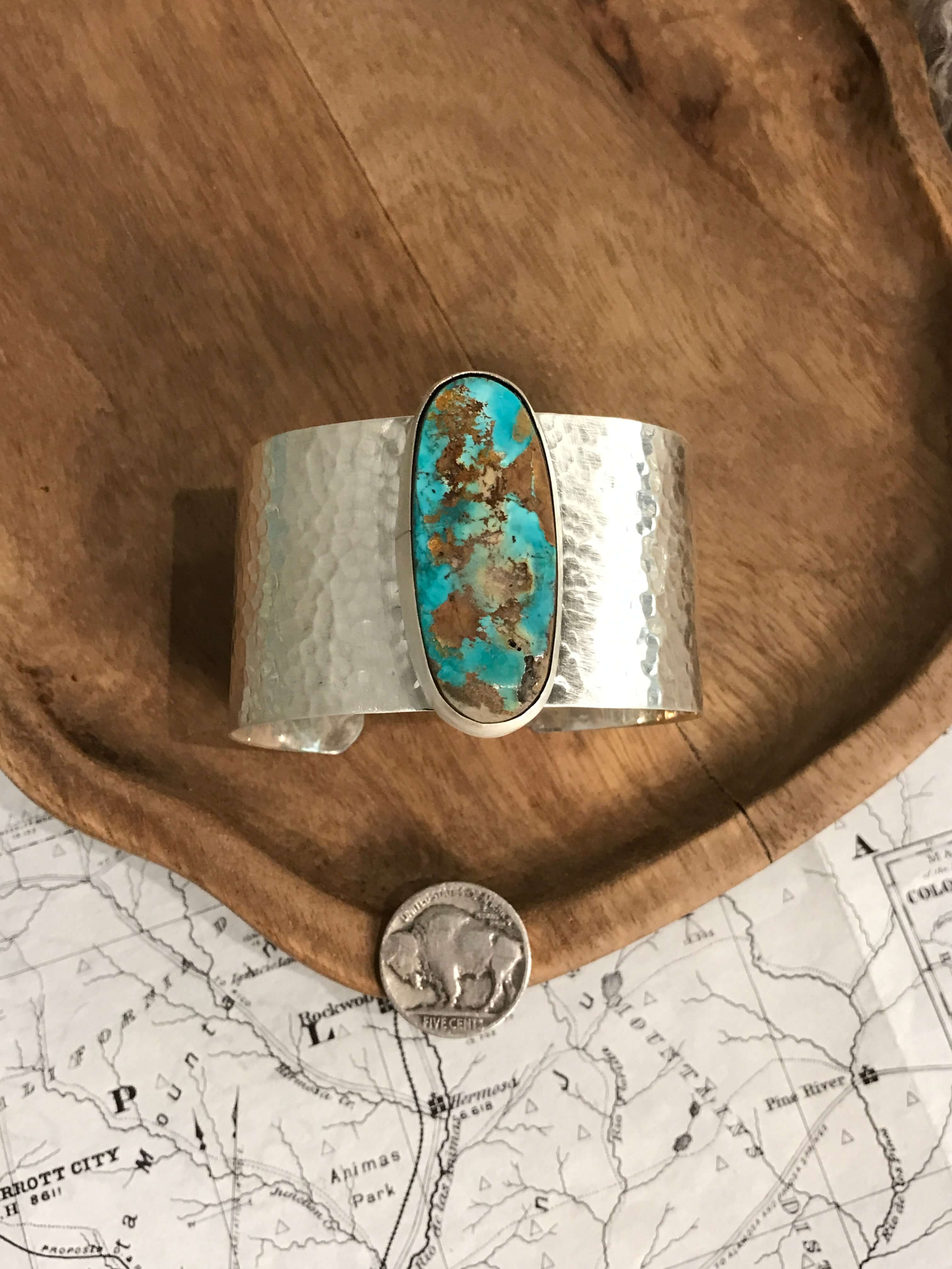 The Belle River Royston Turquoise Cuff, 3-Bracelets & Cuffs-Calli Co., Turquoise and Silver Jewelry, Native American Handmade, Zuni Tribe, Navajo Tribe, Brock Texas