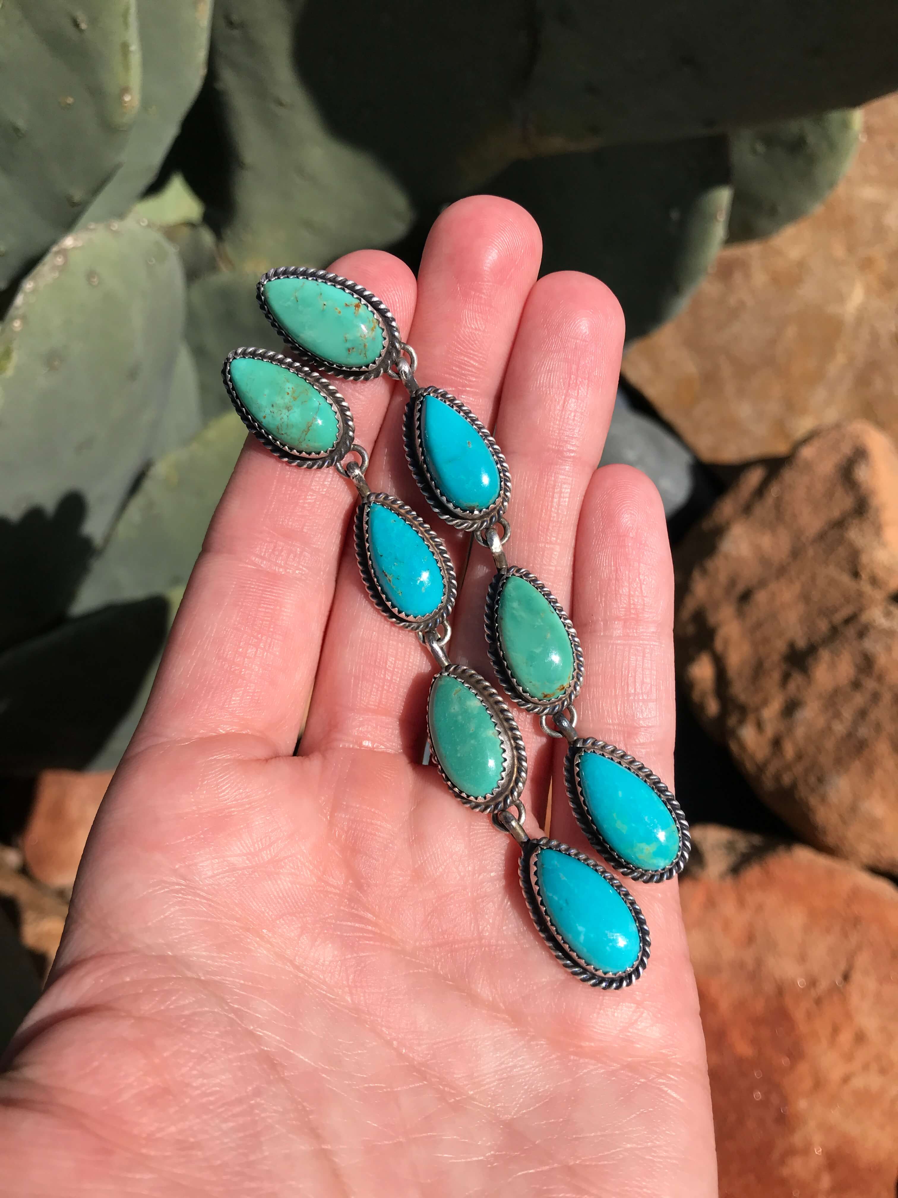 The 4 Stone Drop Earrings, 1-Earrings-Calli Co., Turquoise and Silver Jewelry, Native American Handmade, Zuni Tribe, Navajo Tribe, Brock Texas