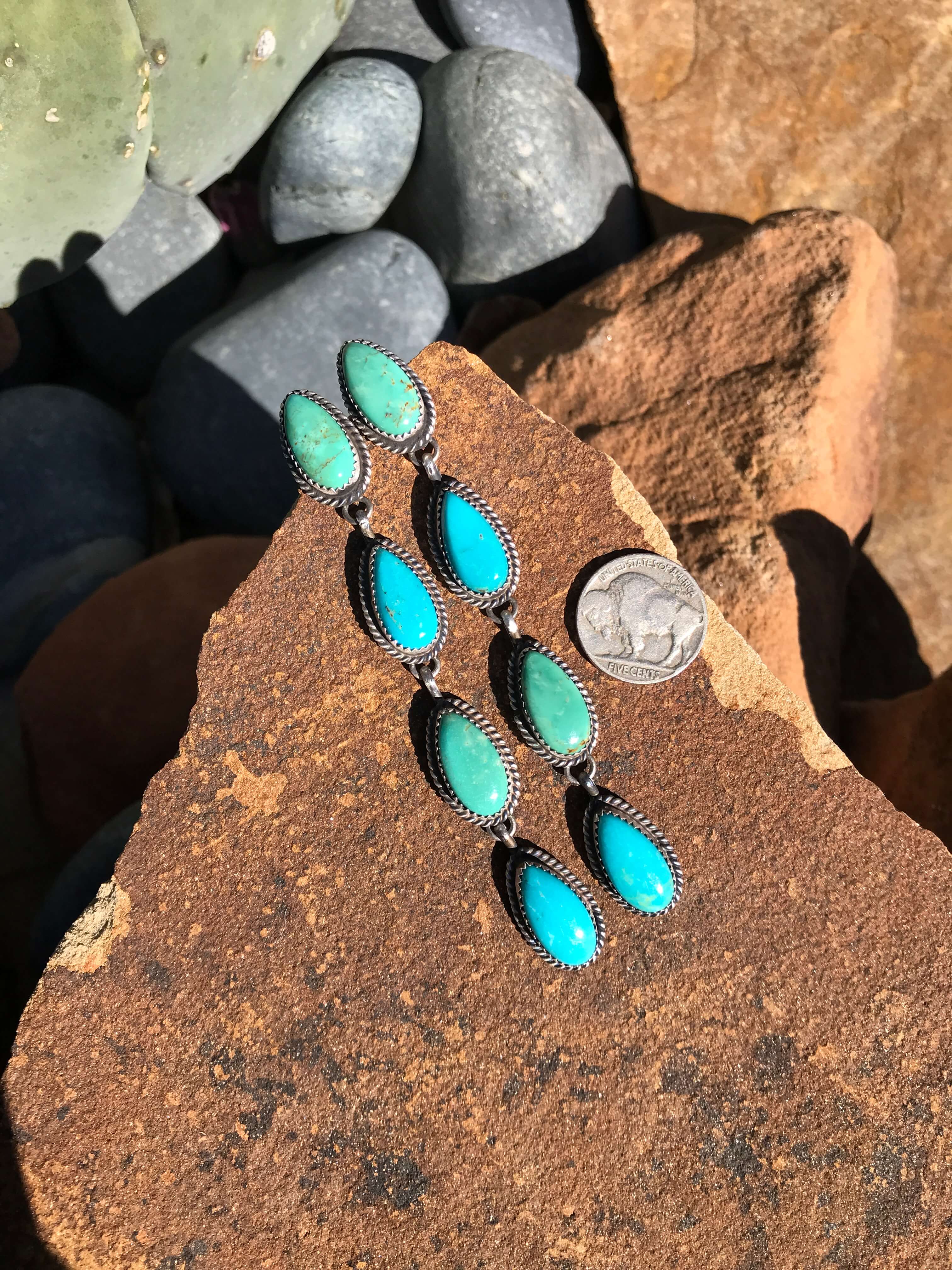 The 4 Stone Drop Earrings, 1-Earrings-Calli Co., Turquoise and Silver Jewelry, Native American Handmade, Zuni Tribe, Navajo Tribe, Brock Texas