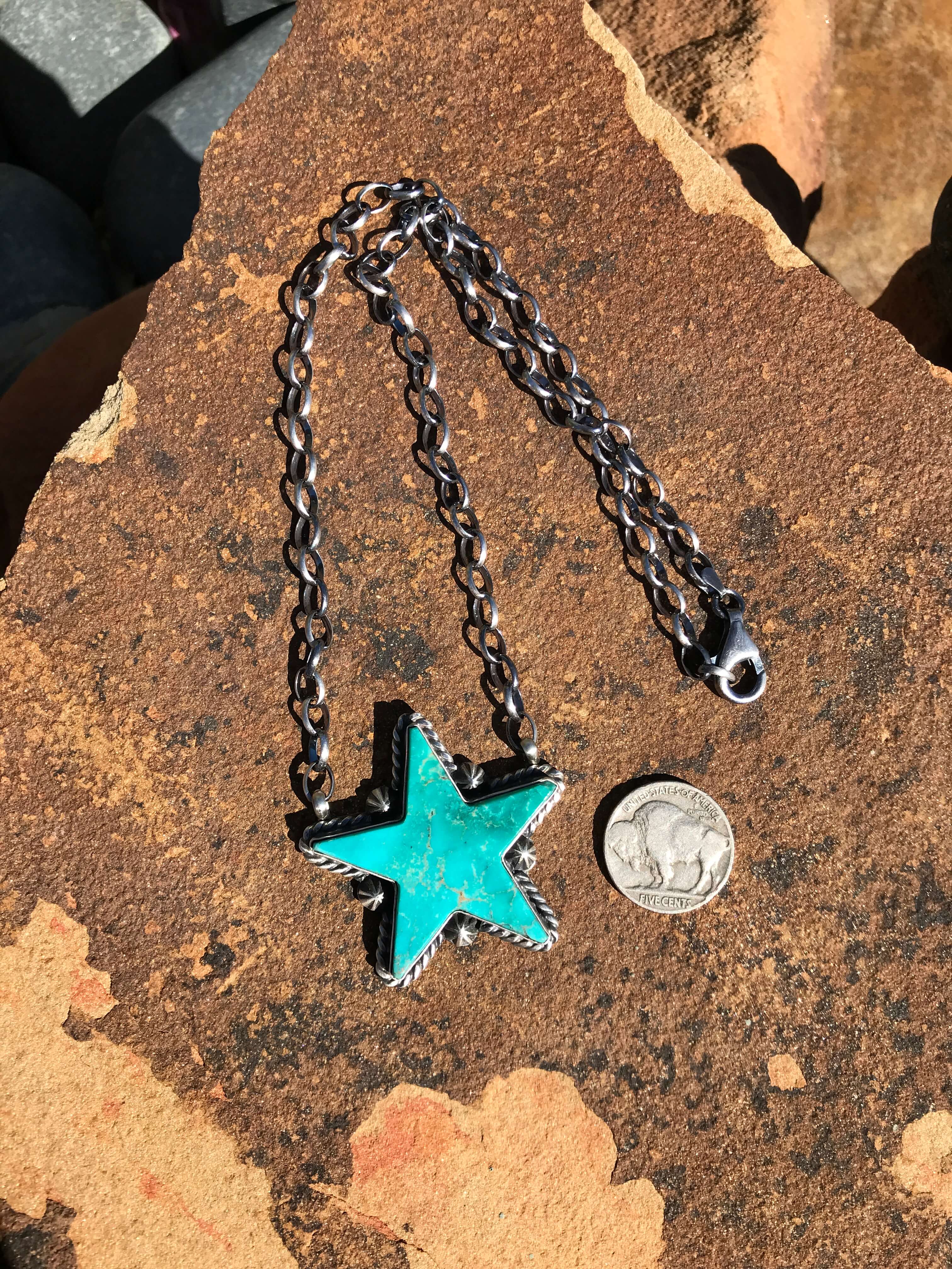 The Turquoise Star Necklace, 10-Necklaces-Calli Co., Turquoise and Silver Jewelry, Native American Handmade, Zuni Tribe, Navajo Tribe, Brock Texas