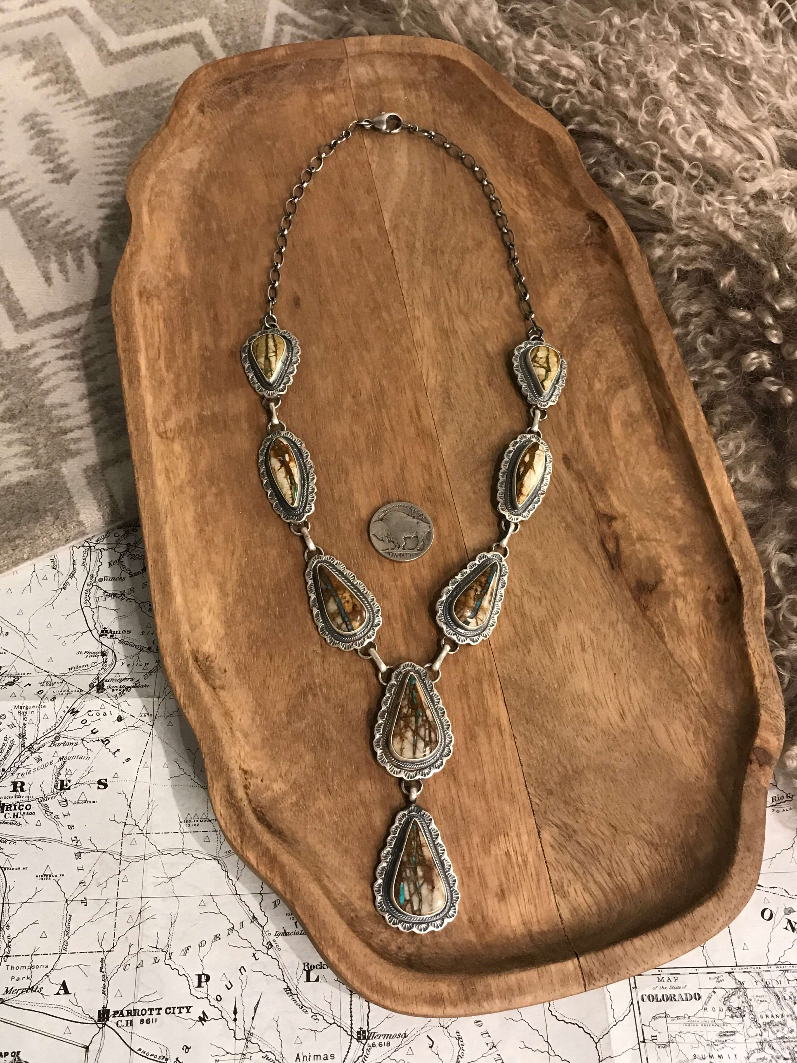 The Gundy Turquoise Lariat Necklace Set-Necklaces-Calli Co., Turquoise and Silver Jewelry, Native American Handmade, Zuni Tribe, Navajo Tribe, Brock Texas