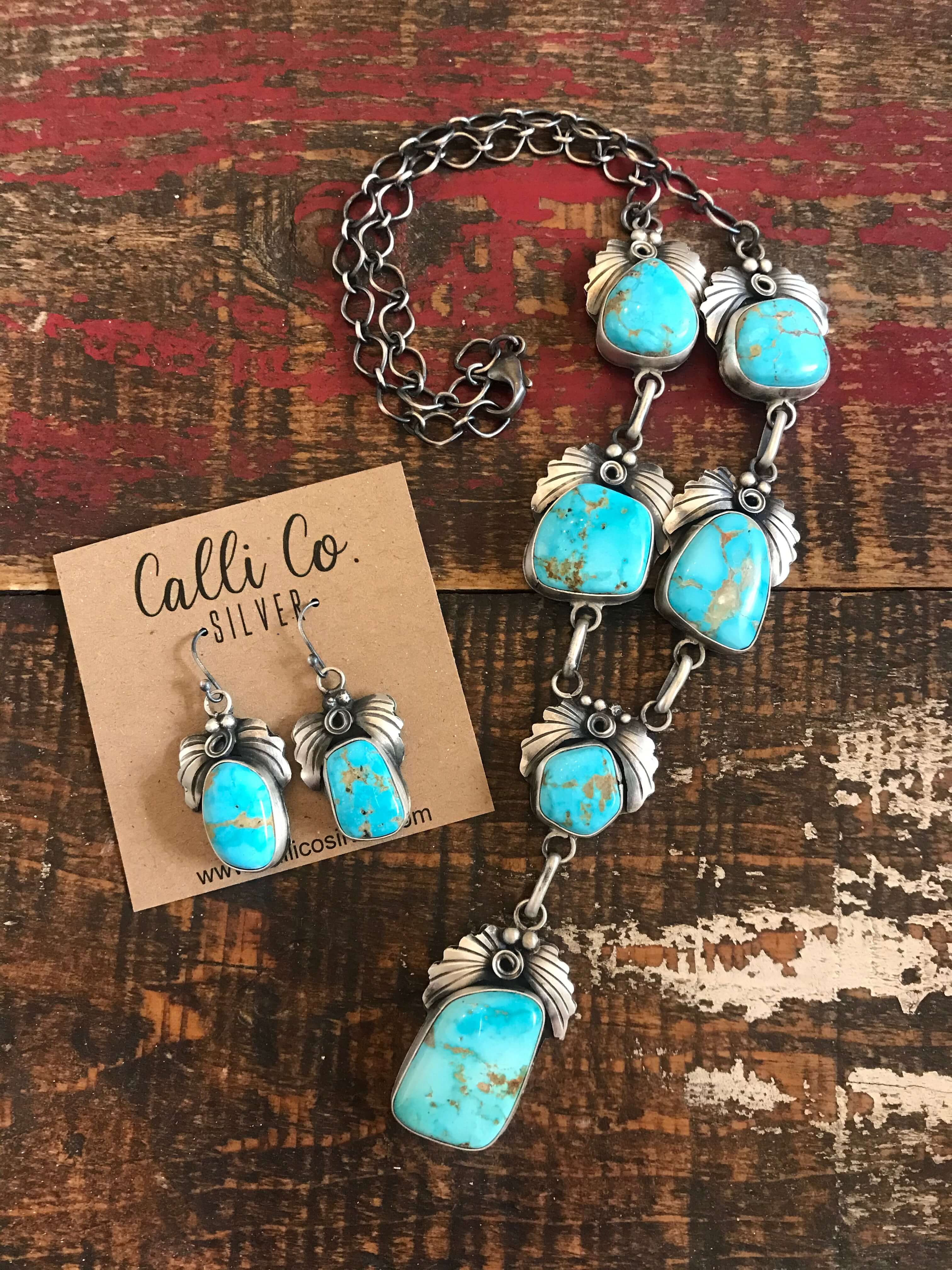 The Breslin Lariat Necklace Set-Necklaces-Calli Co., Turquoise and Silver Jewelry, Native American Handmade, Zuni Tribe, Navajo Tribe, Brock Texas