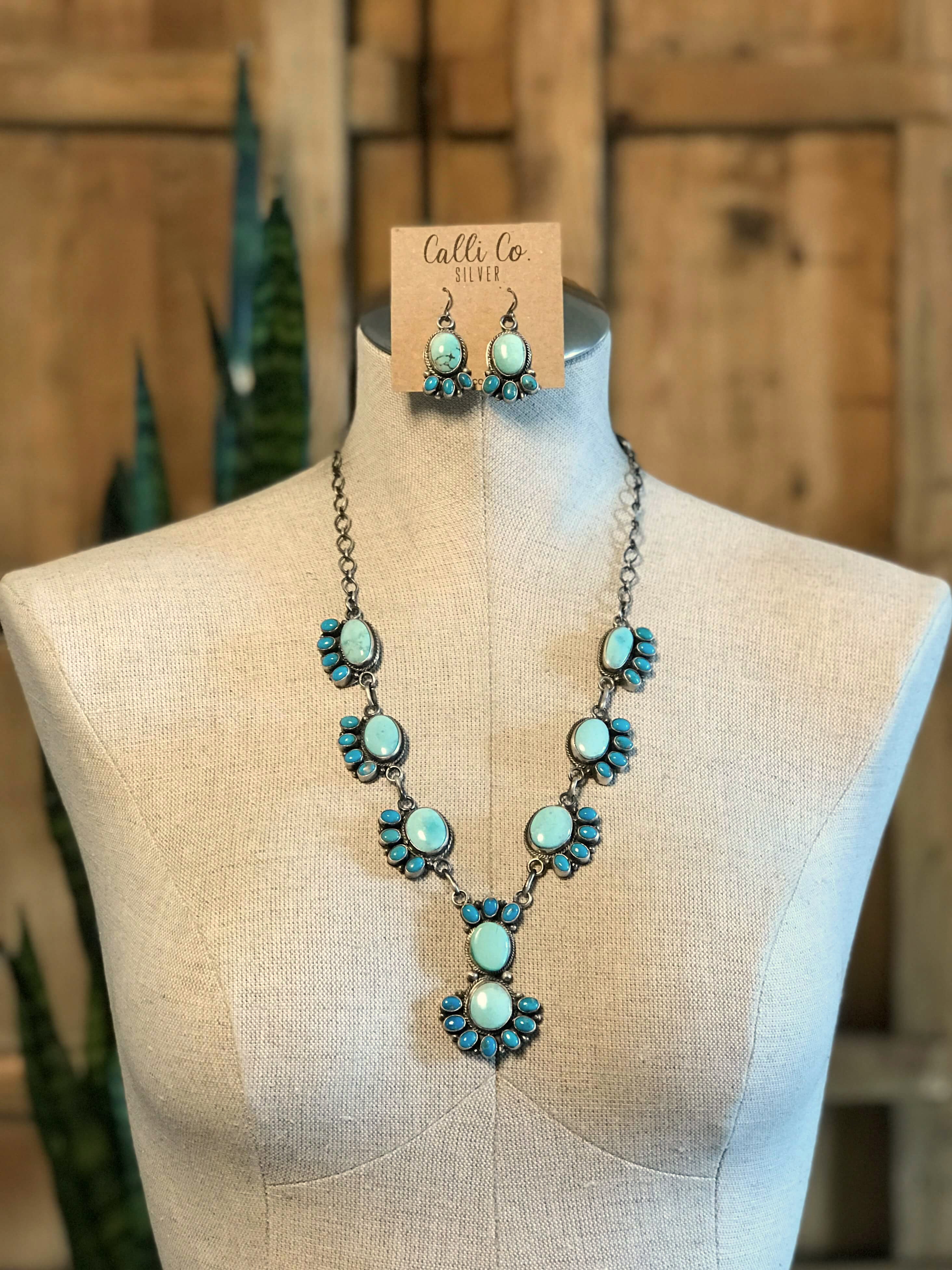 The Montage Turquoise Statement Necklace Set-Necklaces-Calli Co., Turquoise and Silver Jewelry, Native American Handmade, Zuni Tribe, Navajo Tribe, Brock Texas