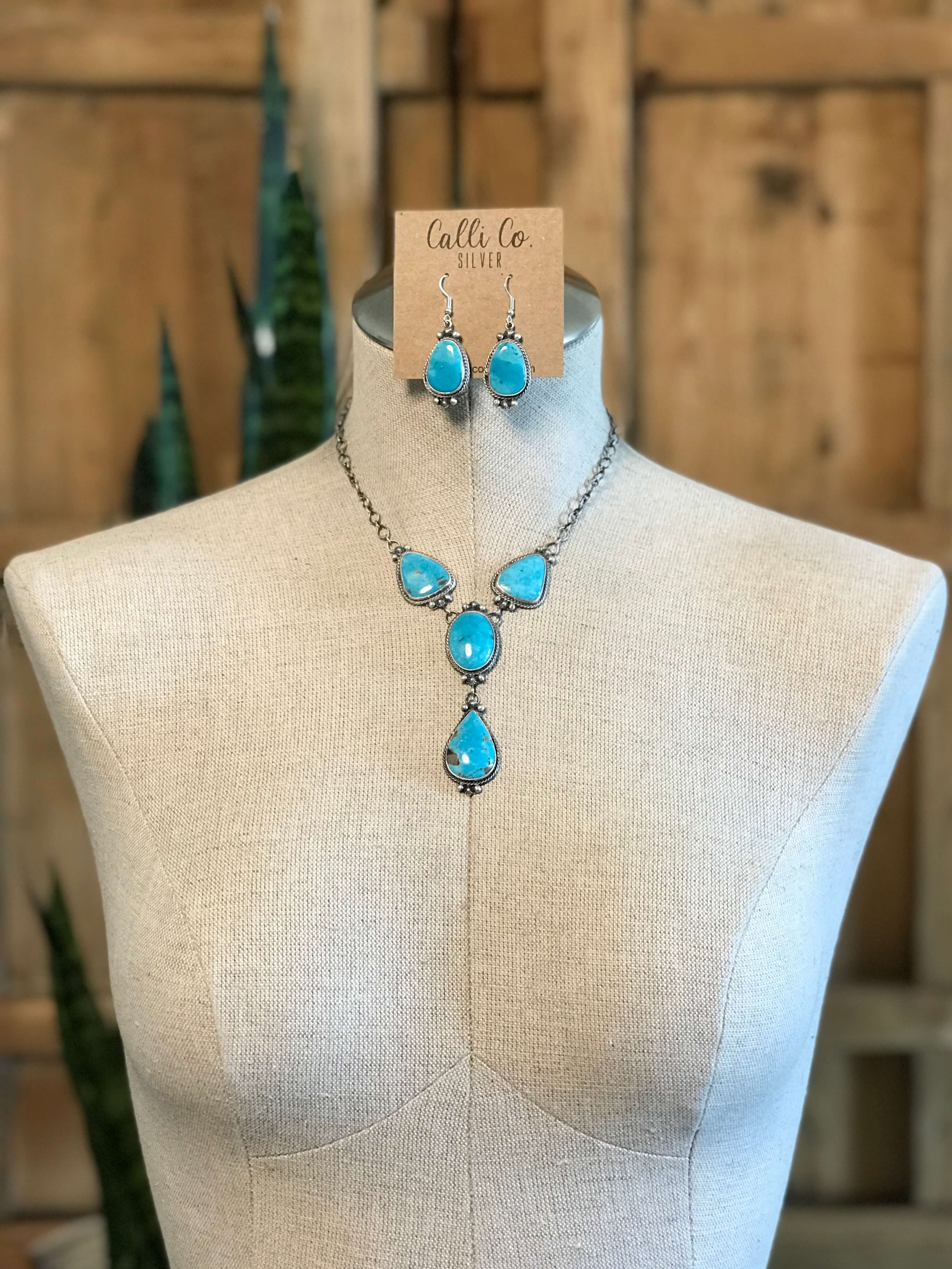 The Flagstaff Turquoise Lariat Necklace Set-Necklaces-Calli Co., Turquoise and Silver Jewelry, Native American Handmade, Zuni Tribe, Navajo Tribe, Brock Texas