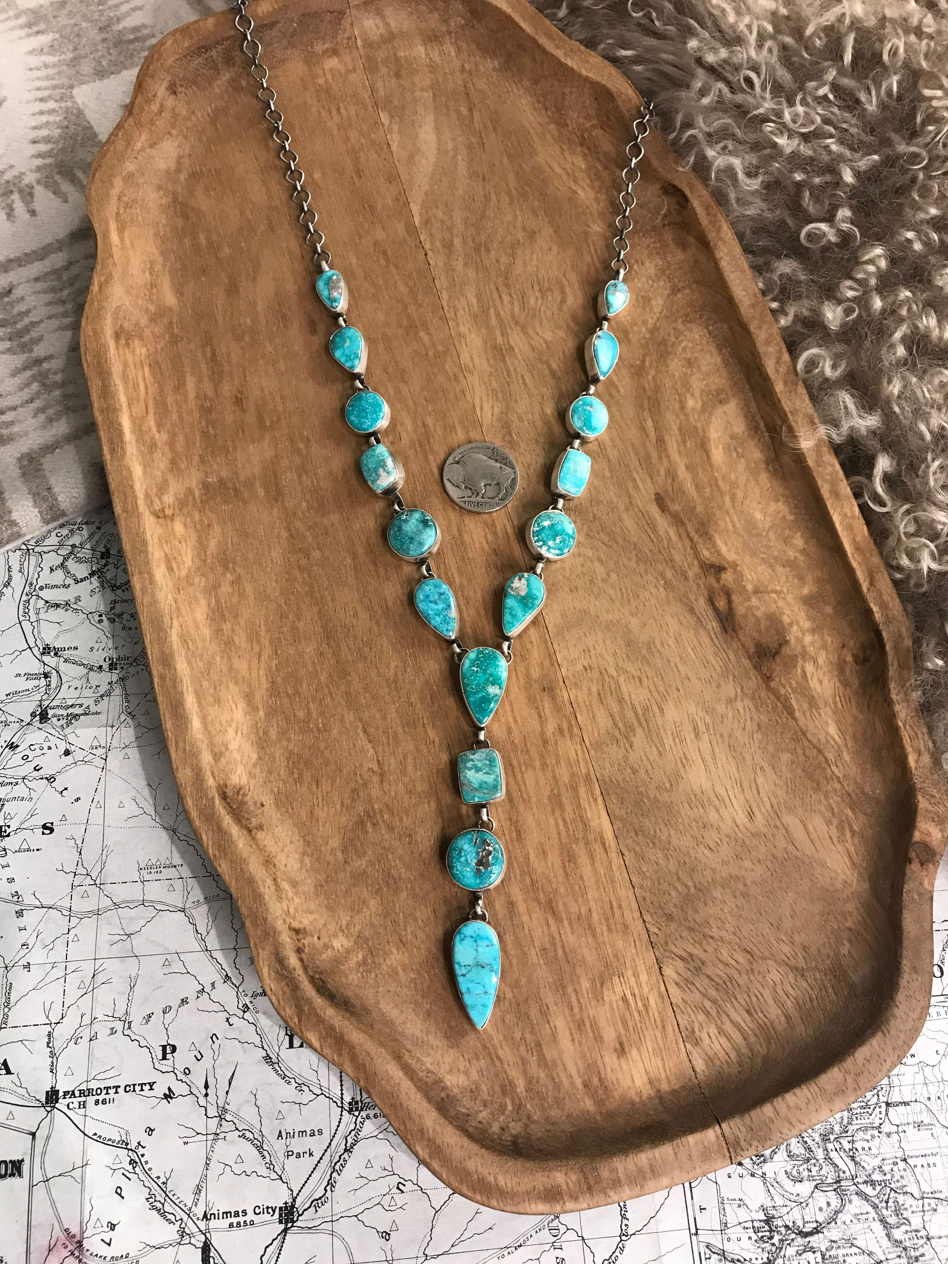 The Drummond Lariat Necklace-Necklaces-Calli Co., Turquoise and Silver Jewelry, Native American Handmade, Zuni Tribe, Navajo Tribe, Brock Texas