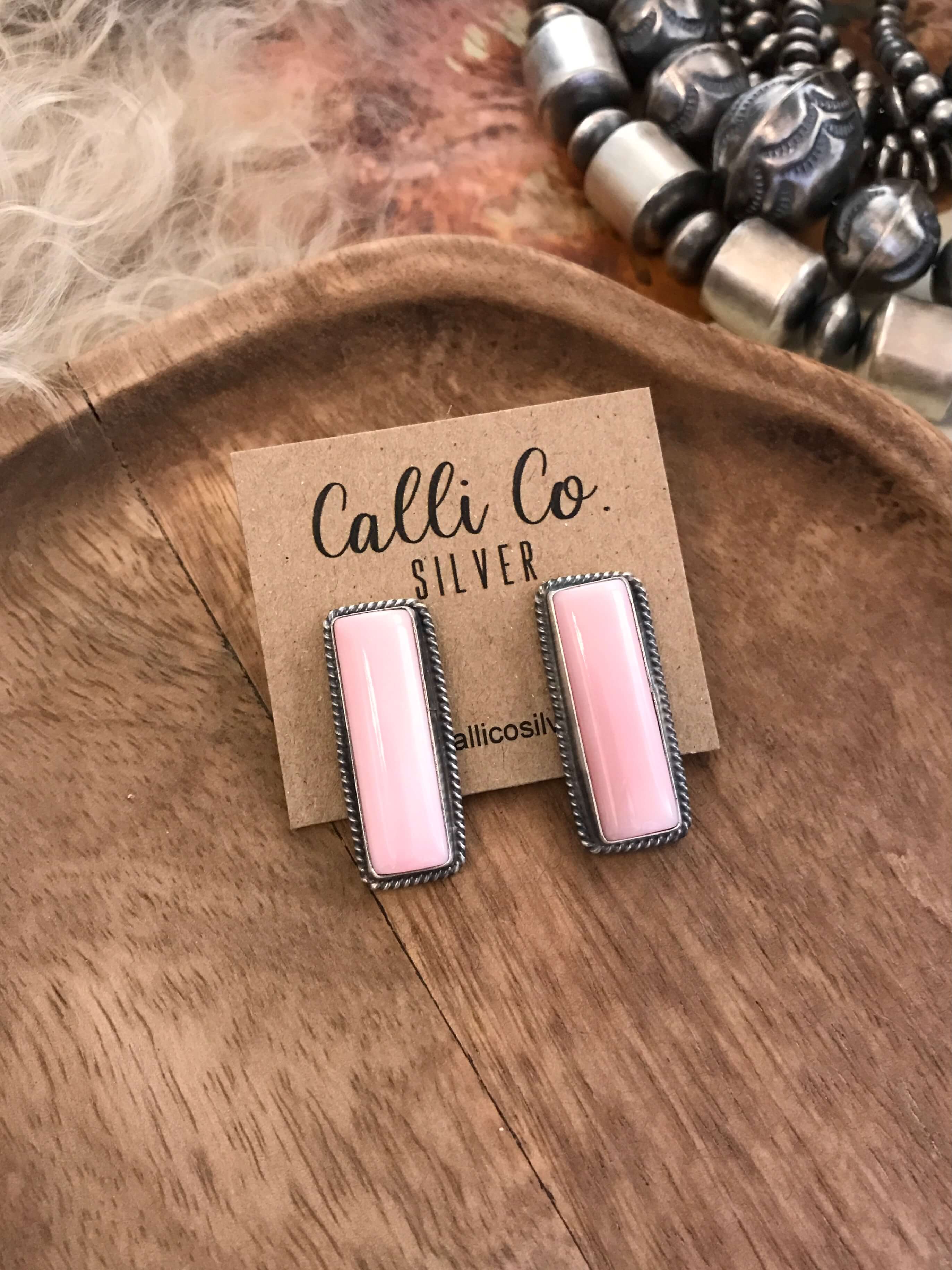 The Pink Conch Bar Studs-Earrings-Calli Co., Turquoise and Silver Jewelry, Native American Handmade, Zuni Tribe, Navajo Tribe, Brock Texas