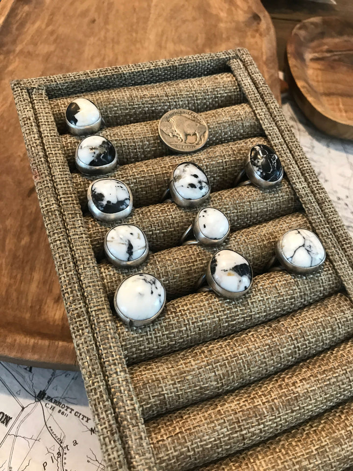 The Tahoka White Buffalo Rings-Rings-Calli Co., Turquoise and Silver Jewelry, Native American Handmade, Zuni Tribe, Navajo Tribe, Brock Texas