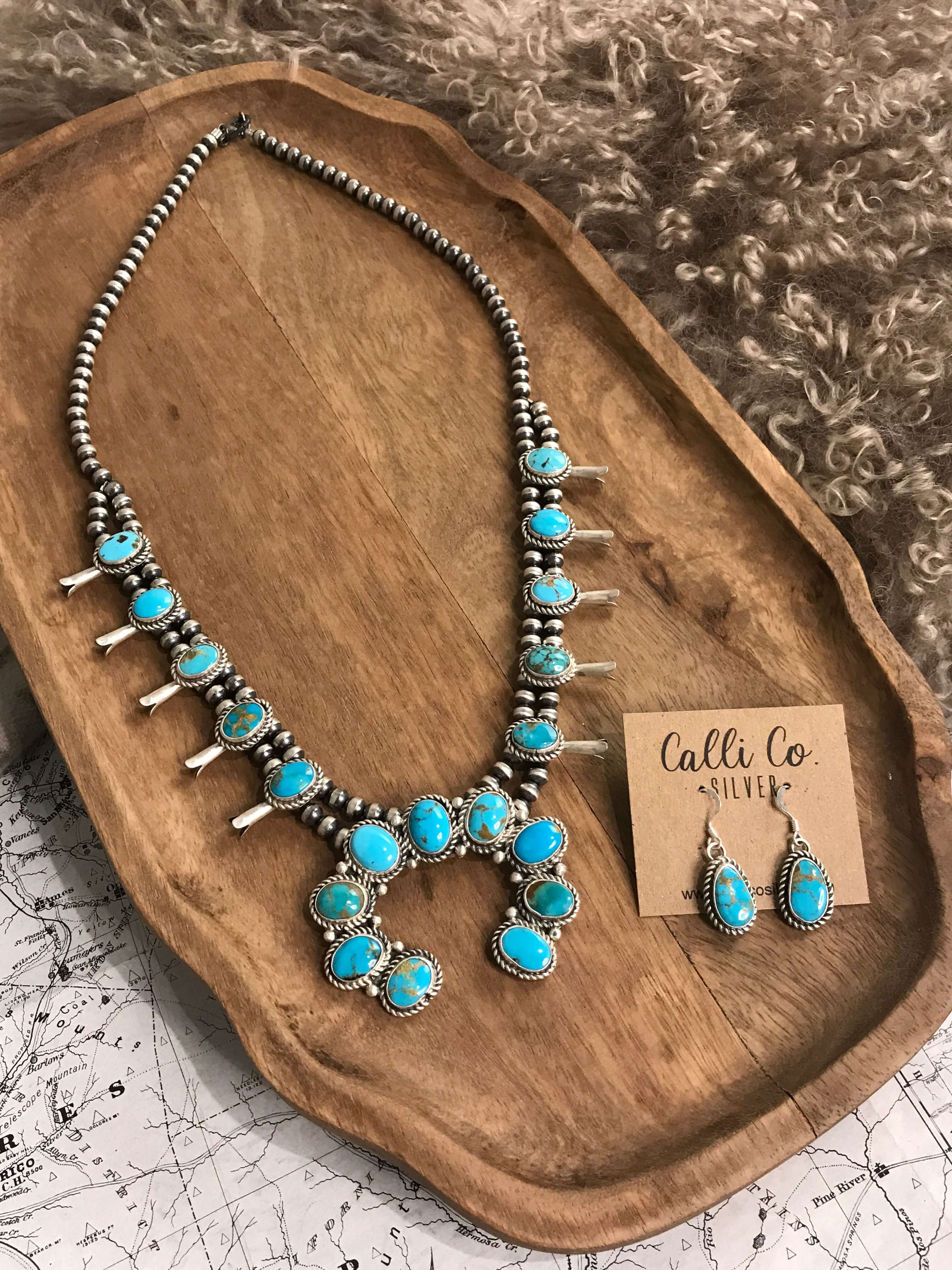The Dubois Squash Blossom Necklace Set-Necklaces-Calli Co., Turquoise and Silver Jewelry, Native American Handmade, Zuni Tribe, Navajo Tribe, Brock Texas
