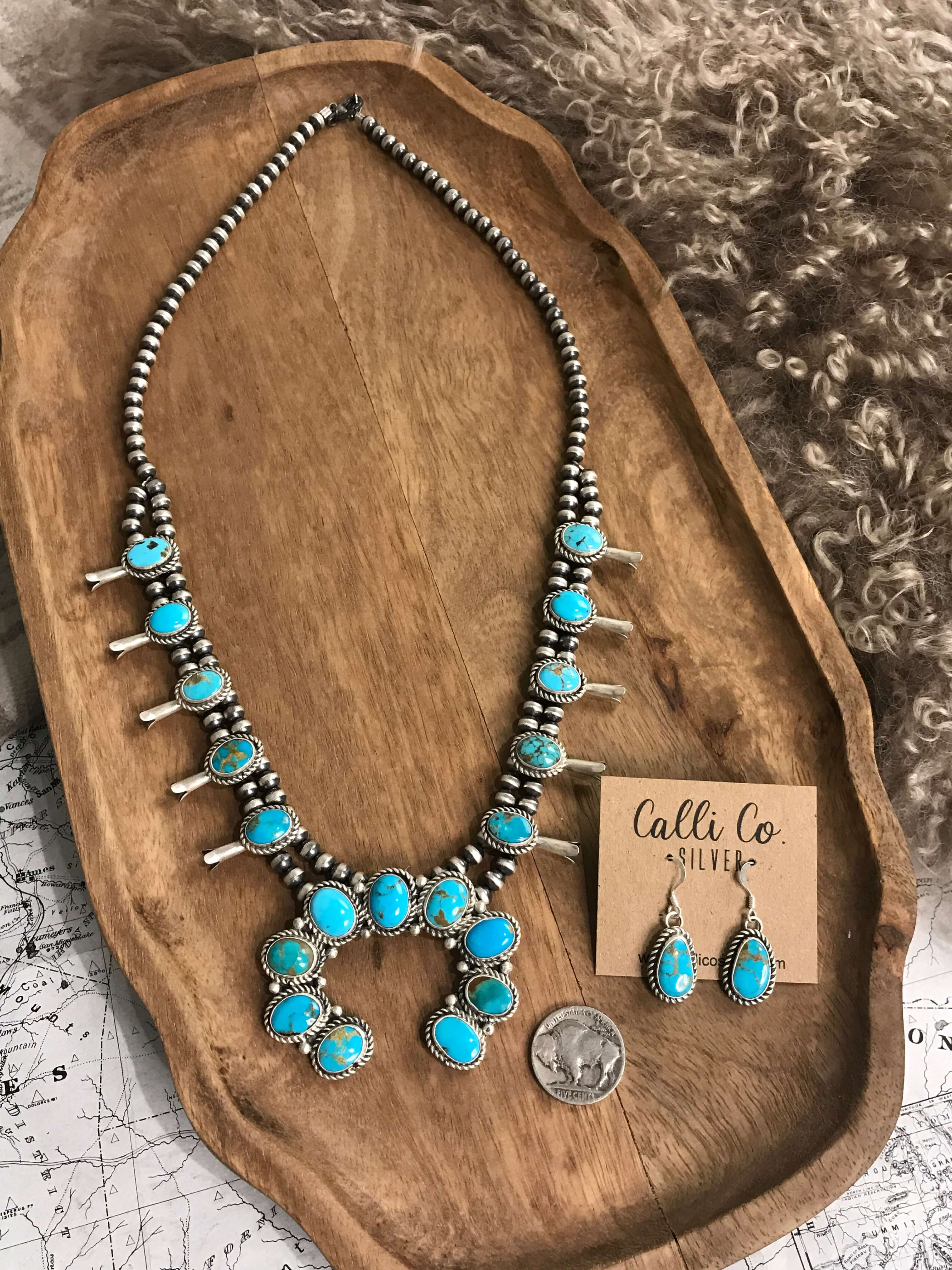 The Dubois Squash Blossom Necklace Set-Necklaces-Calli Co., Turquoise and Silver Jewelry, Native American Handmade, Zuni Tribe, Navajo Tribe, Brock Texas