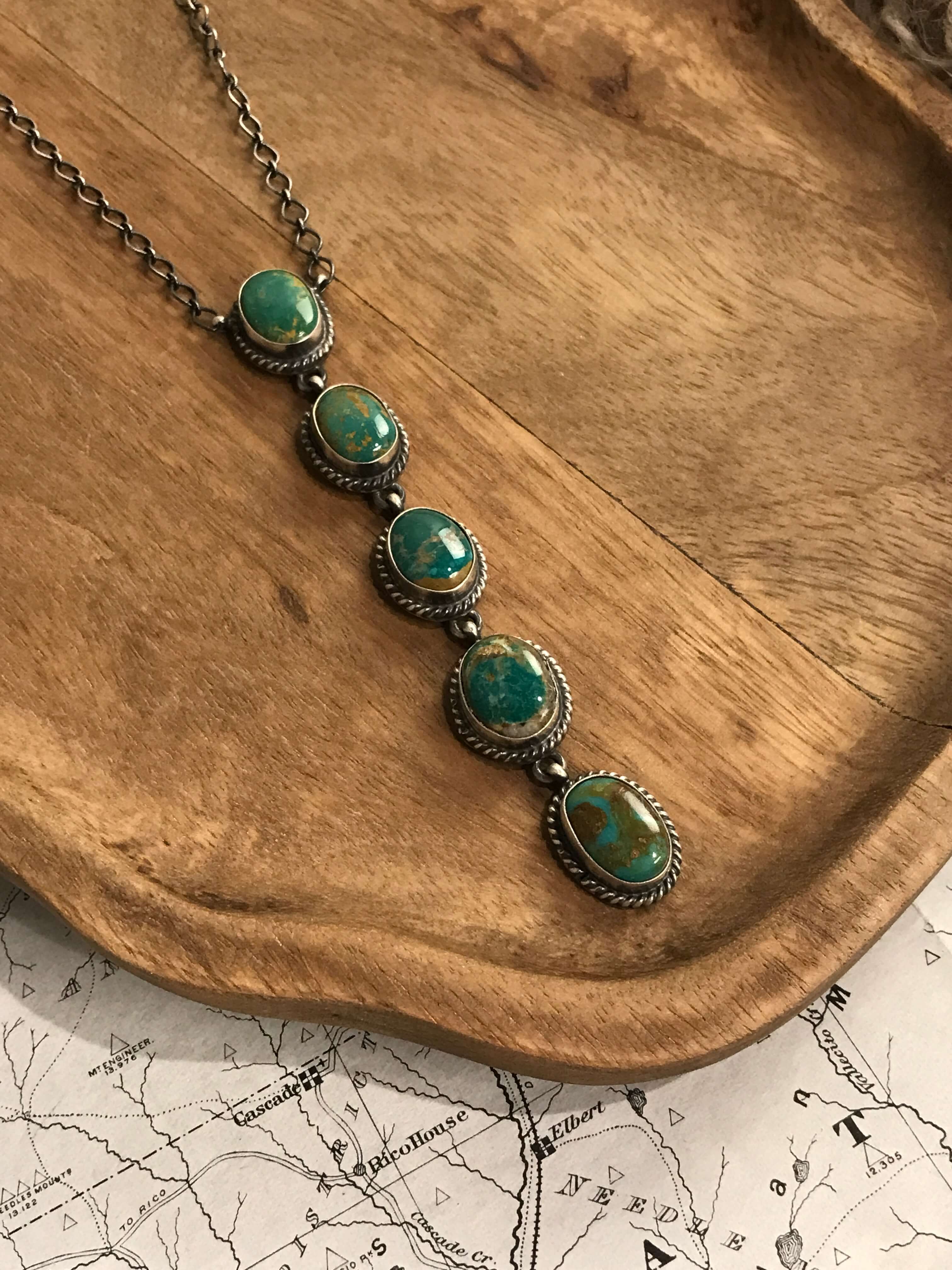 The Arroyo 5 Stone Lariat Necklace, 16-Necklaces-Calli Co., Turquoise and Silver Jewelry, Native American Handmade, Zuni Tribe, Navajo Tribe, Brock Texas