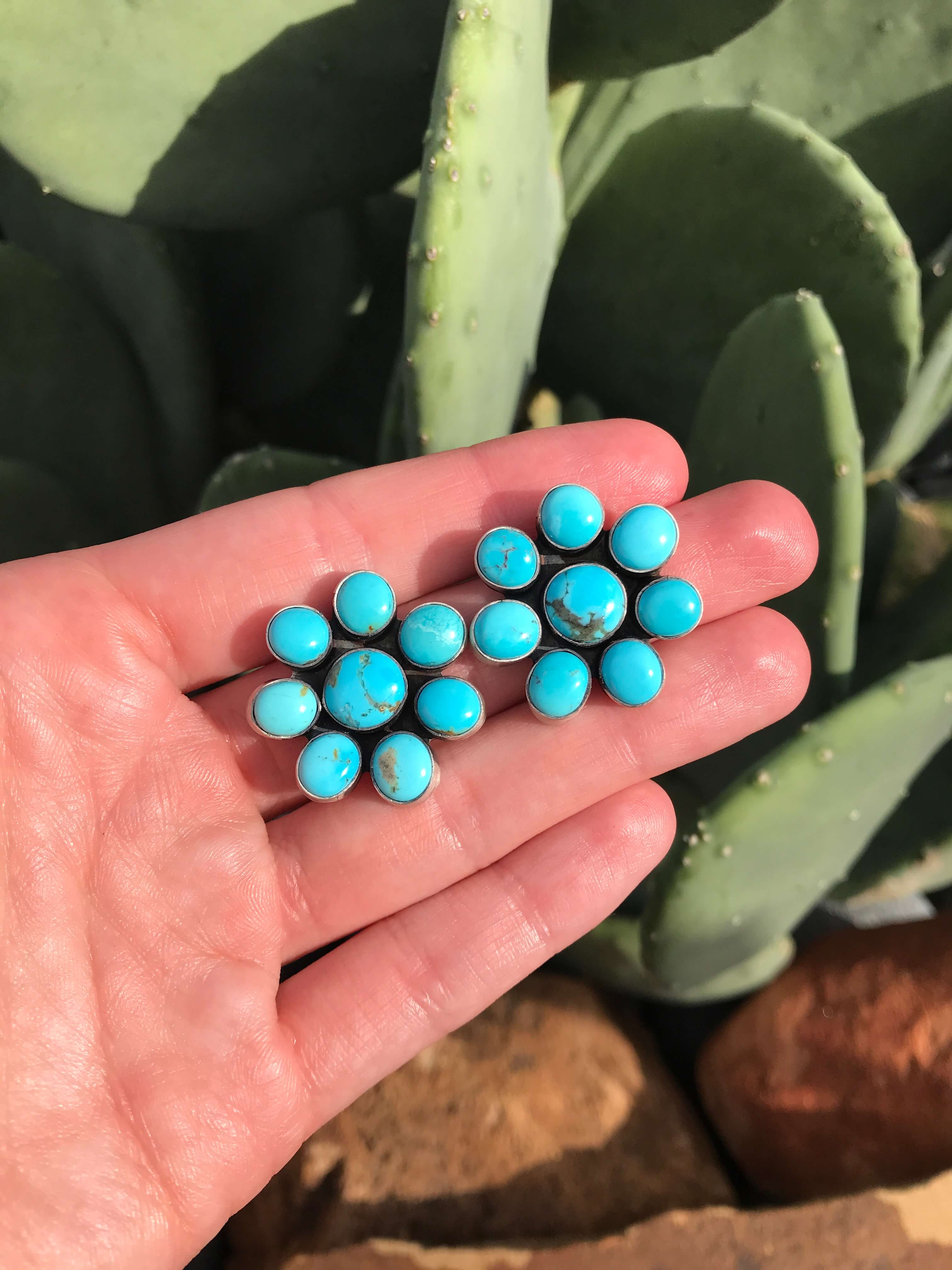 The Lennon Turquoise Cluster Earrings-Earrings-Calli Co., Turquoise and Silver Jewelry, Native American Handmade, Zuni Tribe, Navajo Tribe, Brock Texas