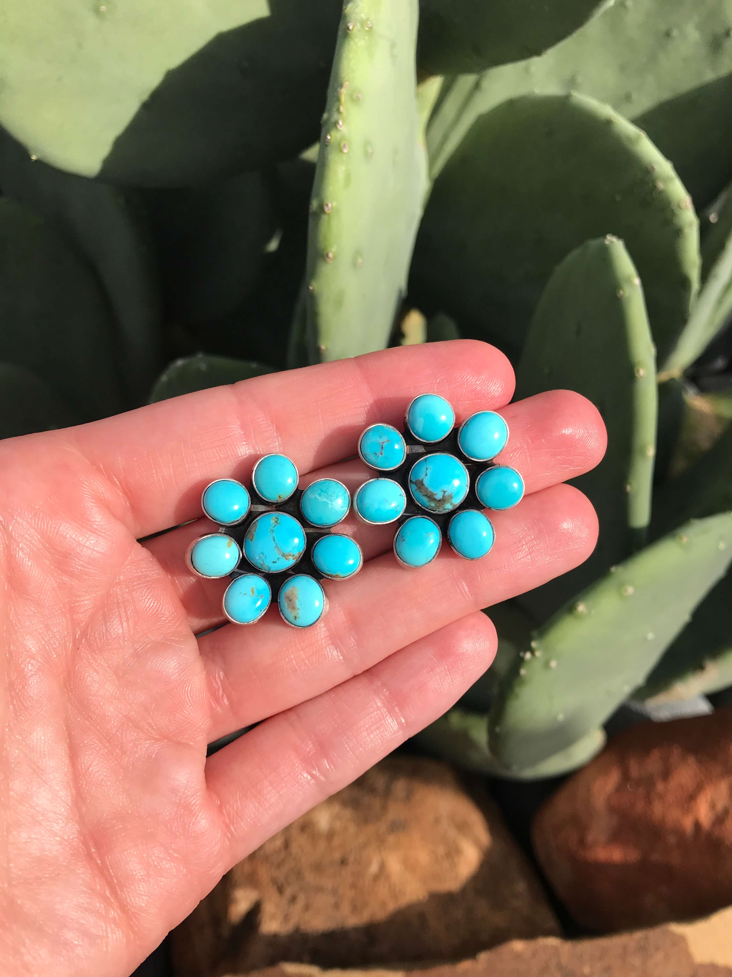 The Lennon Turquoise Cluster Earrings-Earrings-Calli Co., Turquoise and Silver Jewelry, Native American Handmade, Zuni Tribe, Navajo Tribe, Brock Texas