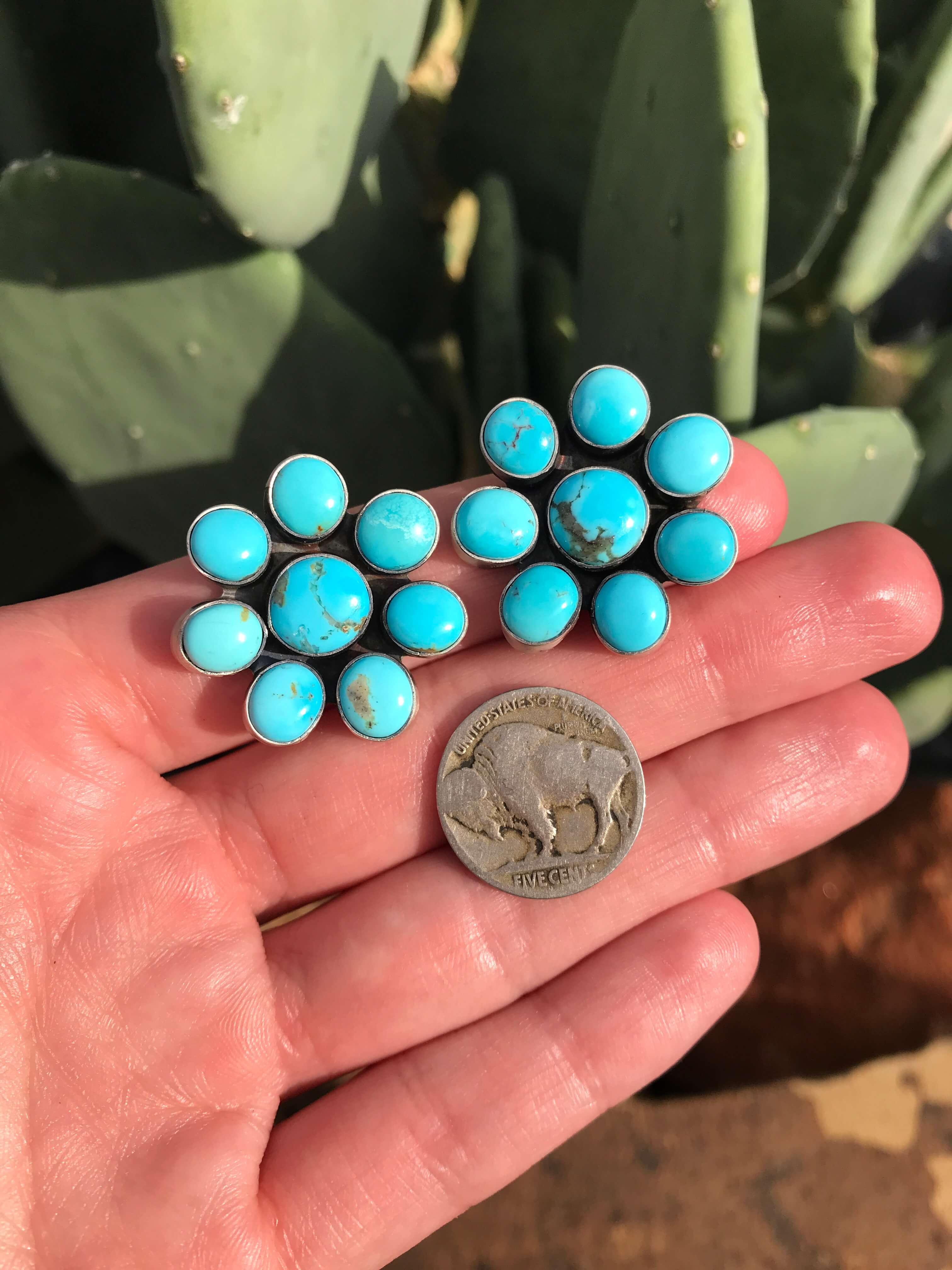 The Lennon Turquoise Cluster Earrings-Earrings-Calli Co., Turquoise and Silver Jewelry, Native American Handmade, Zuni Tribe, Navajo Tribe, Brock Texas