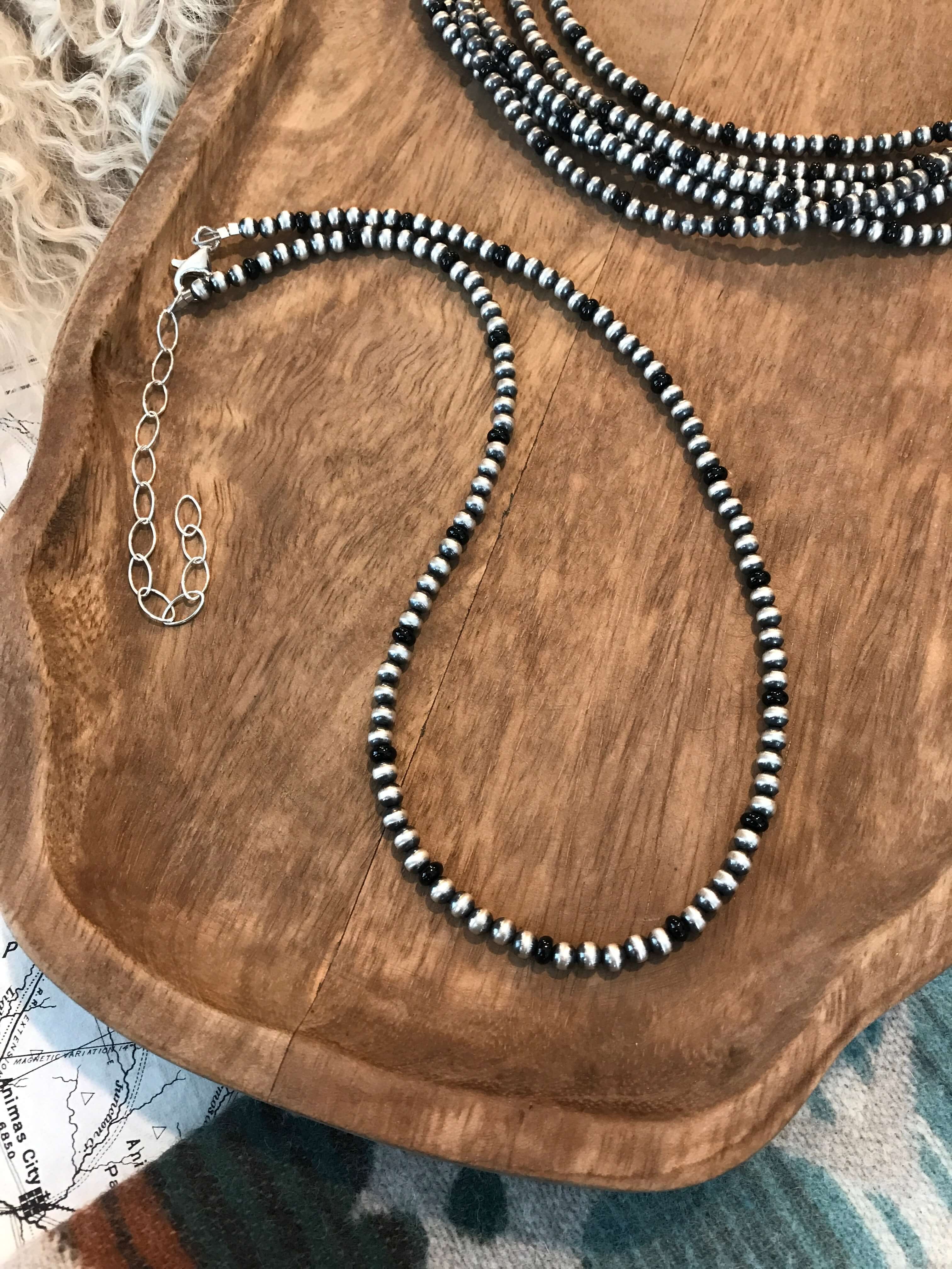 The Theta Onyx Necklace, 20"-Necklaces-Calli Co., Turquoise and Silver Jewelry, Native American Handmade, Zuni Tribe, Navajo Tribe, Brock Texas