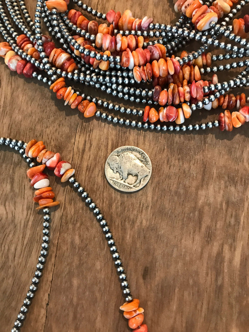 The Klien Necklace in Orange Spiny, 24"-Necklaces-Calli Co., Turquoise and Silver Jewelry, Native American Handmade, Zuni Tribe, Navajo Tribe, Brock Texas