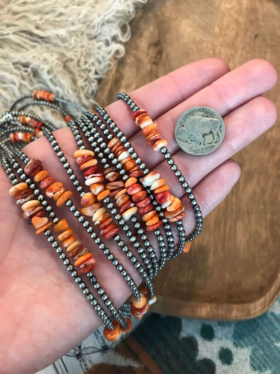 The Klien Necklace in Orange Spiny, 24"-Necklaces-Calli Co., Turquoise and Silver Jewelry, Native American Handmade, Zuni Tribe, Navajo Tribe, Brock Texas