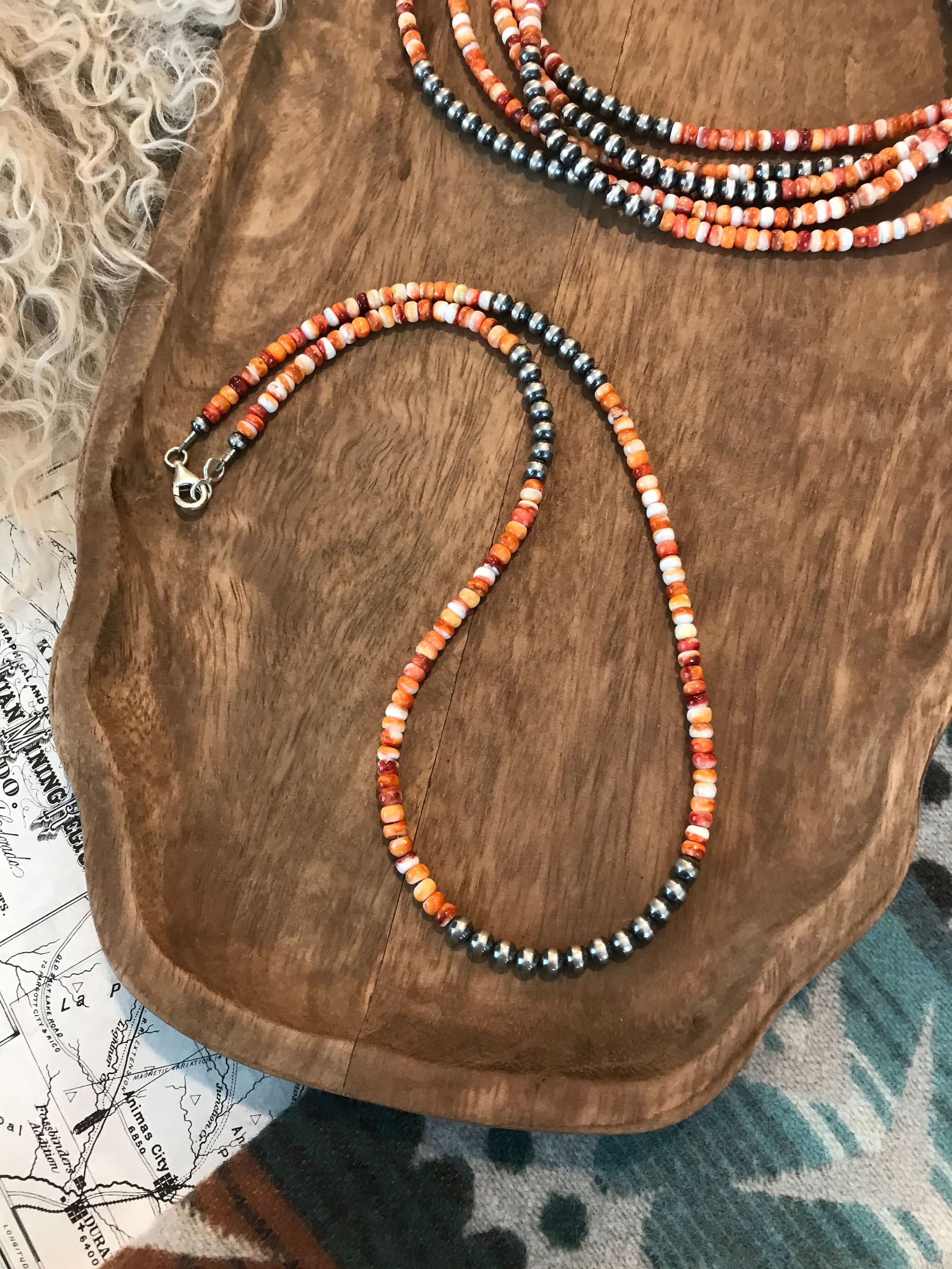 The Vananda Necklace in Orange Spiny, 20"-Necklaces-Calli Co., Turquoise and Silver Jewelry, Native American Handmade, Zuni Tribe, Navajo Tribe, Brock Texas