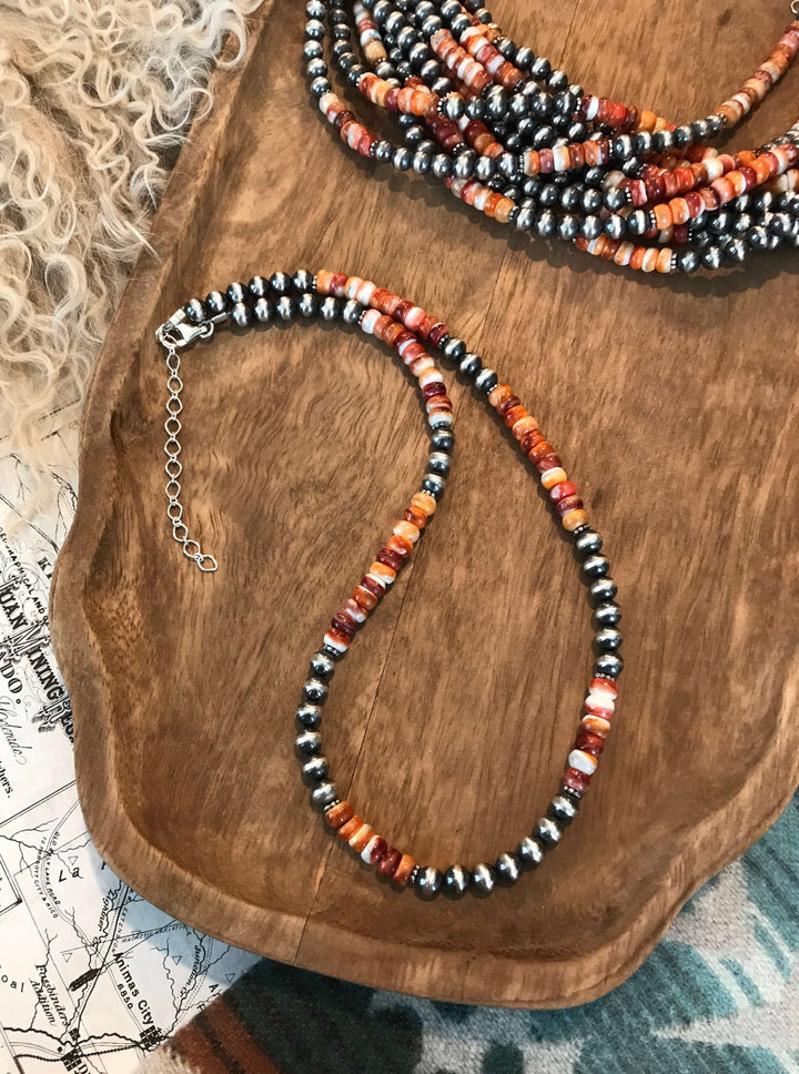 The Beebe Necklace in Orange Spiny, 20"-Necklaces-Calli Co., Turquoise and Silver Jewelry, Native American Handmade, Zuni Tribe, Navajo Tribe, Brock Texas