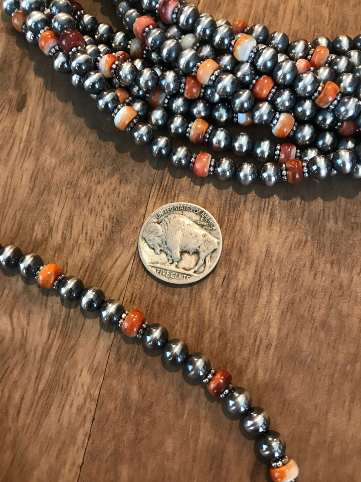 The Teigen Necklace in Orange Spiny, 21"-Necklaces-Calli Co., Turquoise and Silver Jewelry, Native American Handmade, Zuni Tribe, Navajo Tribe, Brock Texas