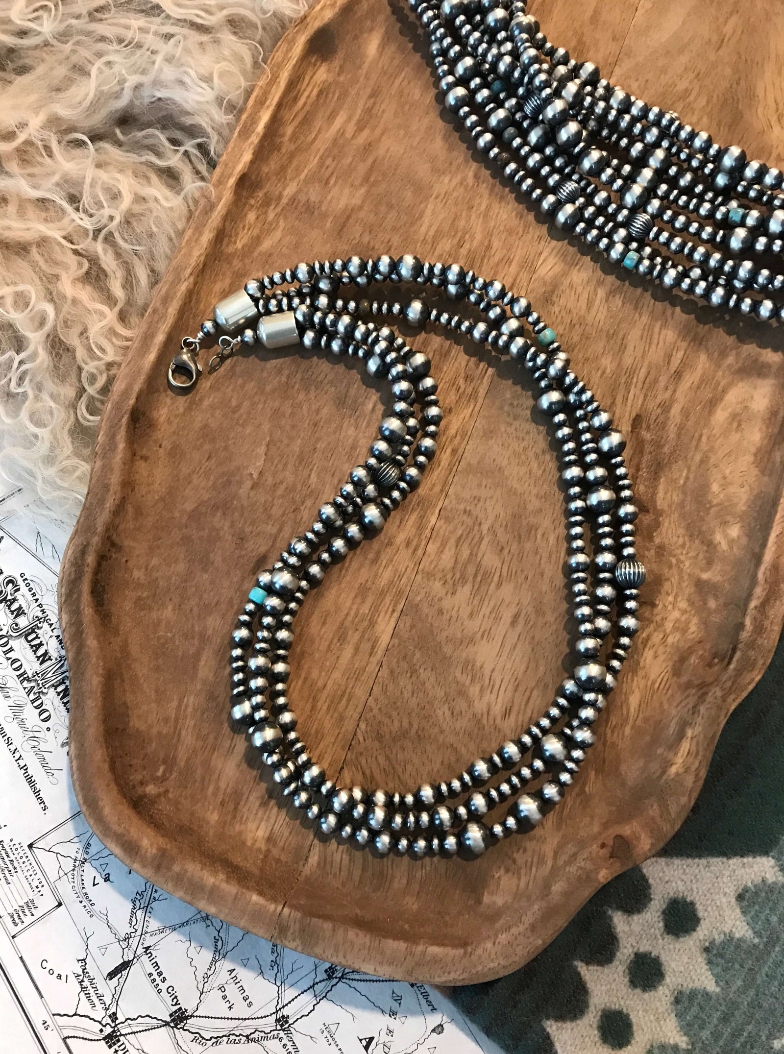 The Dru Triple Strand Necklace-Necklaces-Calli Co., Turquoise and Silver Jewelry, Native American Handmade, Zuni Tribe, Navajo Tribe, Brock Texas