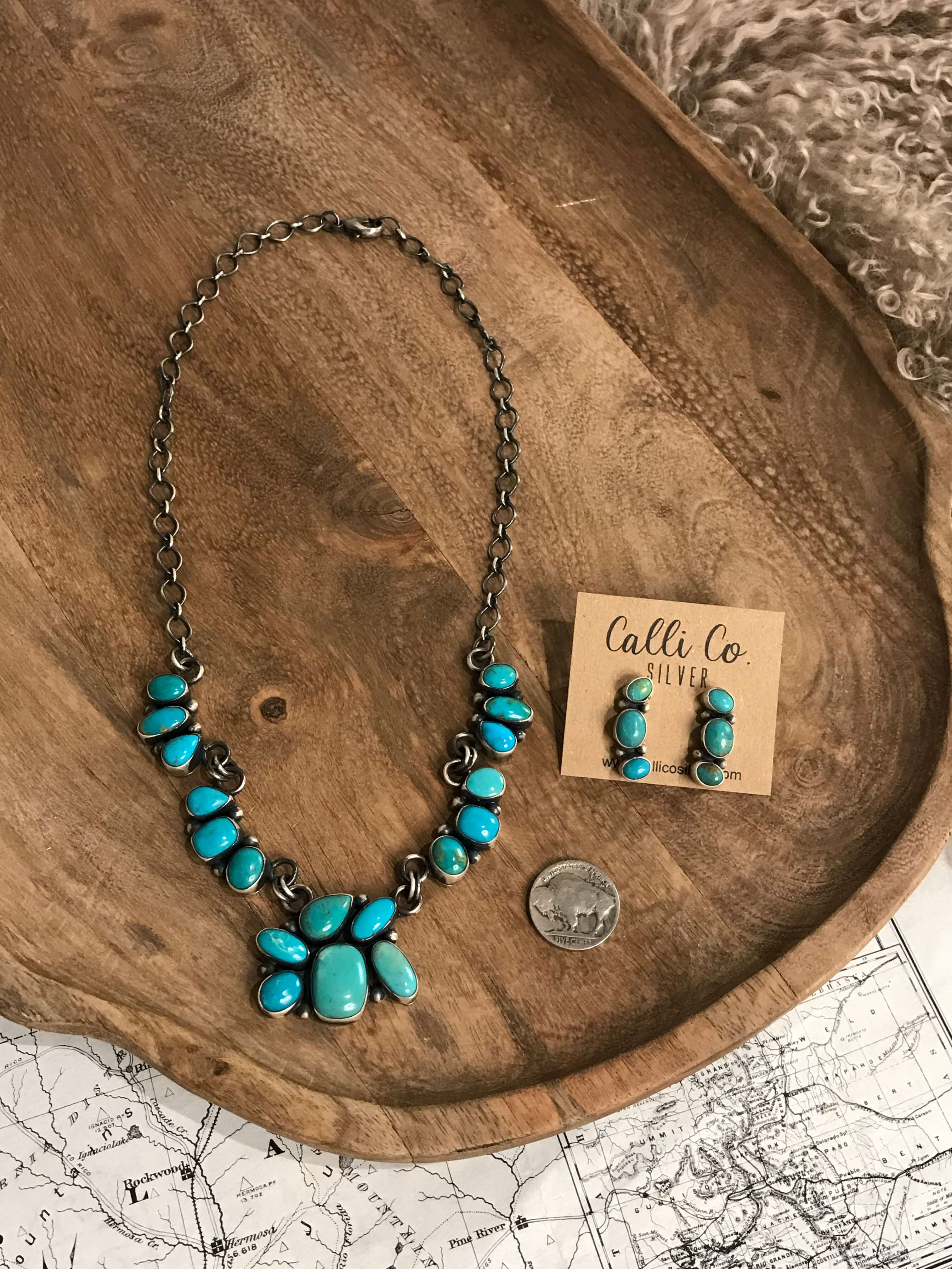 The Misty Turquoise Statement Necklace Set-Necklaces-Calli Co., Turquoise and Silver Jewelry, Native American Handmade, Zuni Tribe, Navajo Tribe, Brock Texas