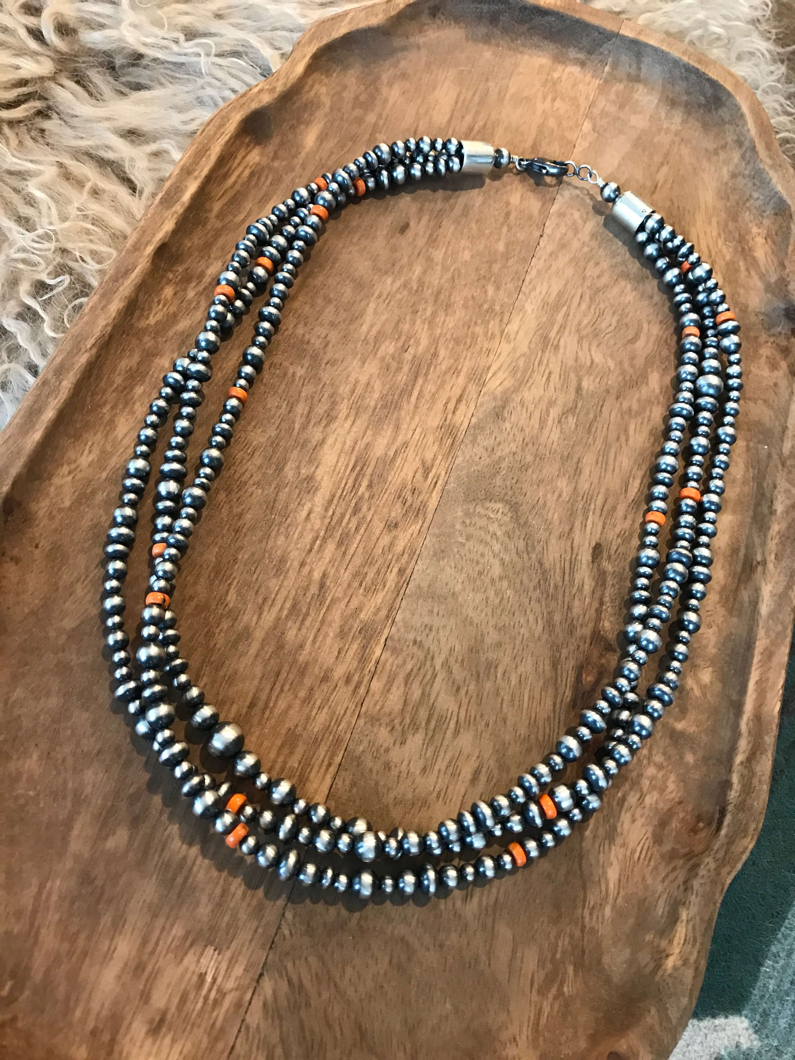 The Sunport Necklace in Orange Spiny, 22"-Necklaces-Calli Co., Turquoise and Silver Jewelry, Native American Handmade, Zuni Tribe, Navajo Tribe, Brock Texas