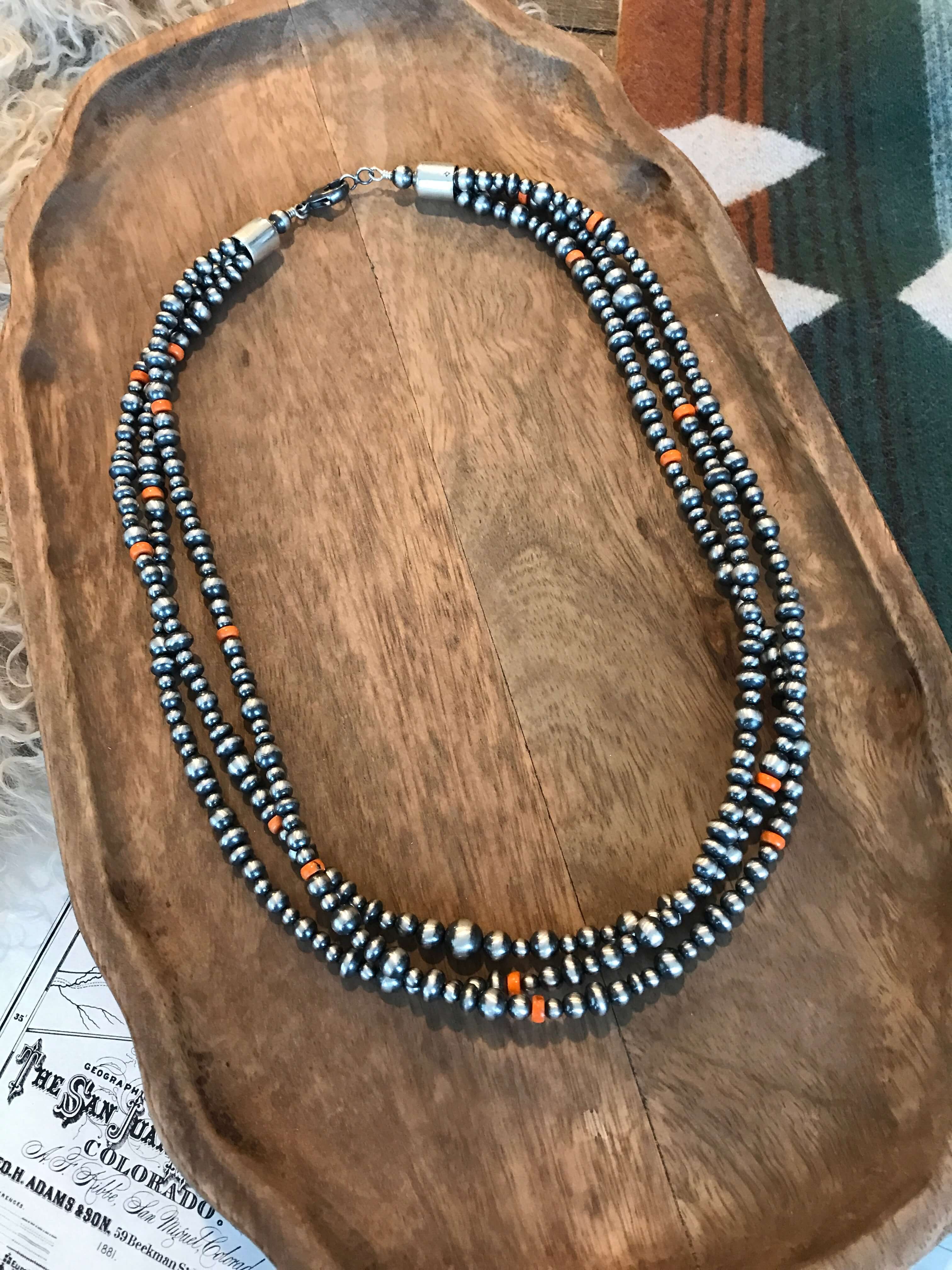 The Sunport Necklace in Orange Spiny, 22"-Necklaces-Calli Co., Turquoise and Silver Jewelry, Native American Handmade, Zuni Tribe, Navajo Tribe, Brock Texas